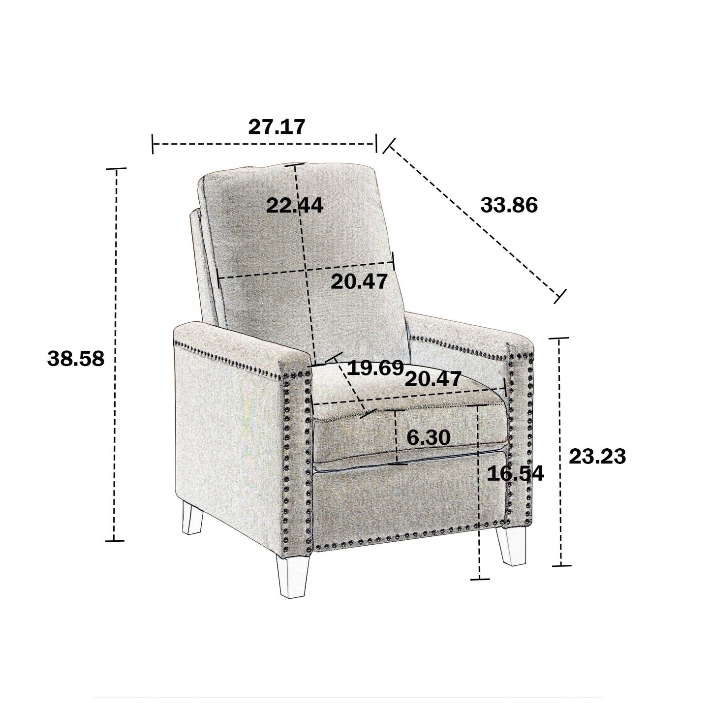 Poltrona reclinabile manuale moderna in velluto beige con cuscini e decorazione a borchie