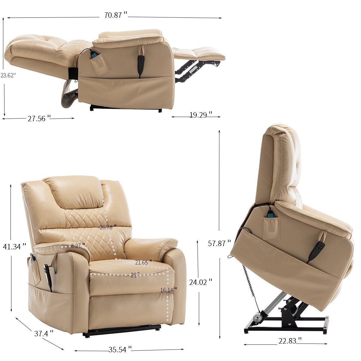 Poltrona reclinabile elettrica in pelle PU beige, massaggio, posizione piatta