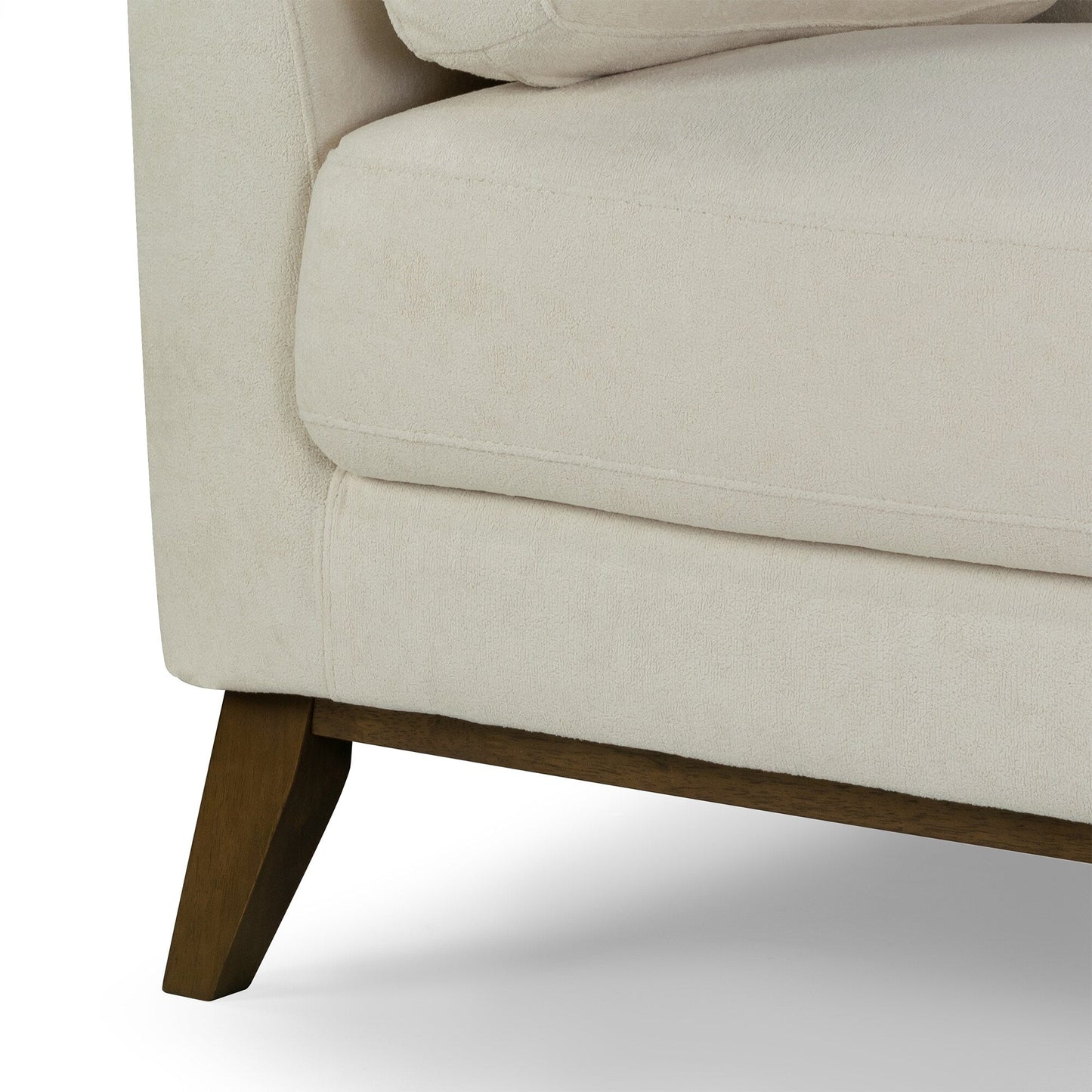 Divano in tessuto micro bouclé beige Birre con gambe in legno di noce