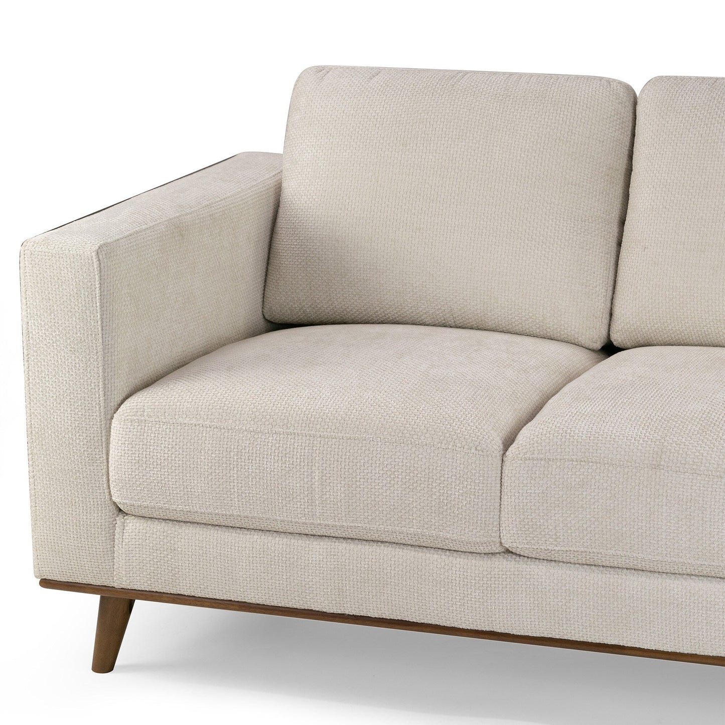 Divano Bishop in tessuto a coste bianche con gambe in legno di noce