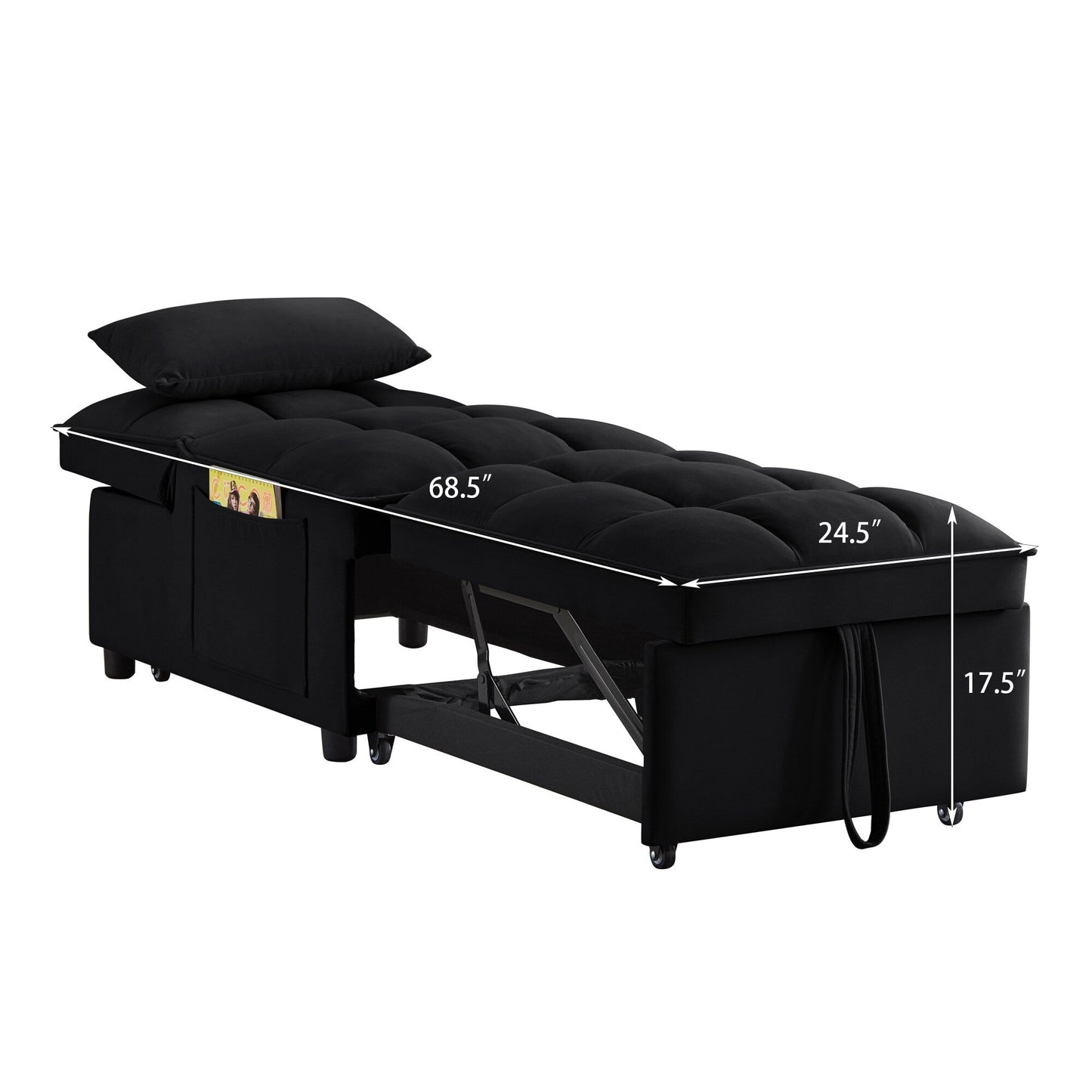 Divano letto singolo pieghevole in velluto nero 68,5 con schienale regolabile e cuscini per soggiorno