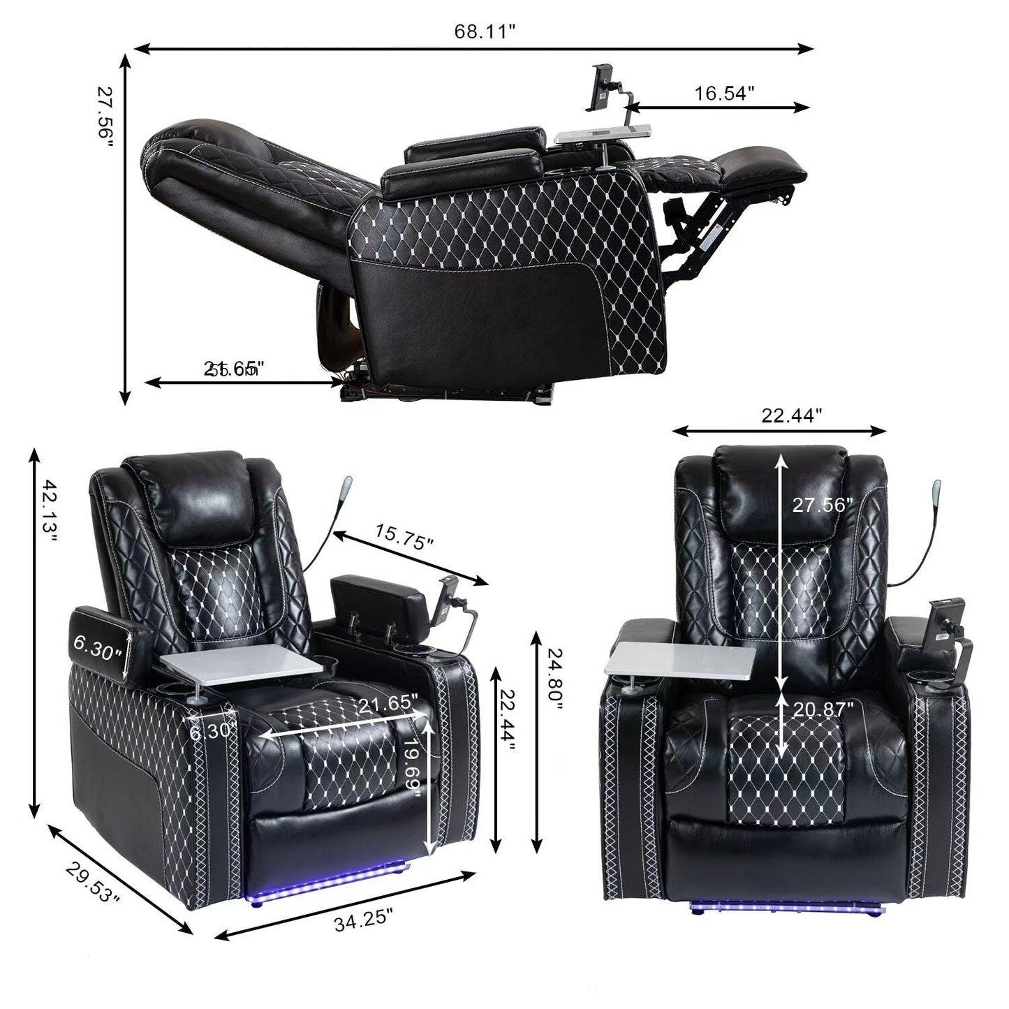 Poltrona reclinabile Black Power Zero Gravity con bracciolo portaoggetti, portabicchieri, tavolo per laptop, supporto per telefono, luce di lettura, porta USB