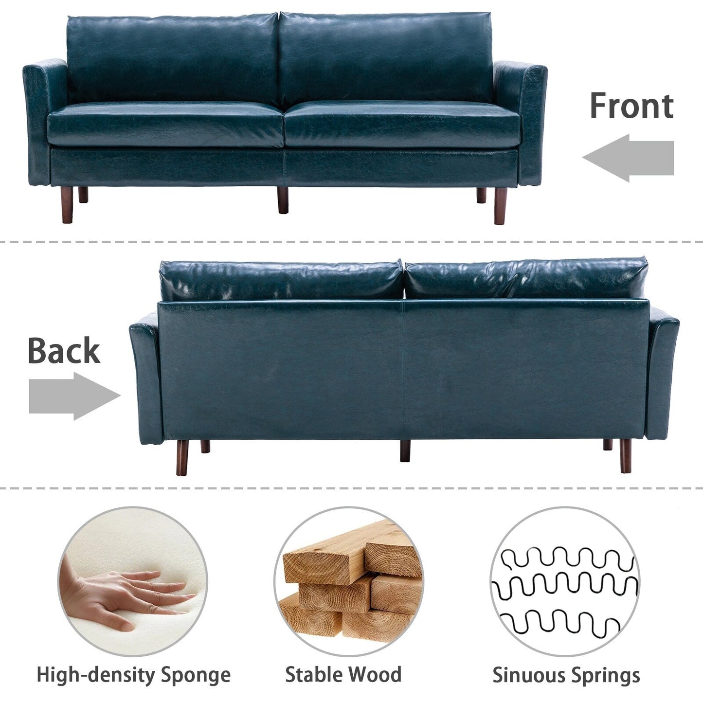 Divano Mid-Century in similpelle blu da 80'' con struttura in legno, cuscini di seduta imbottiti e schienale rimovibile