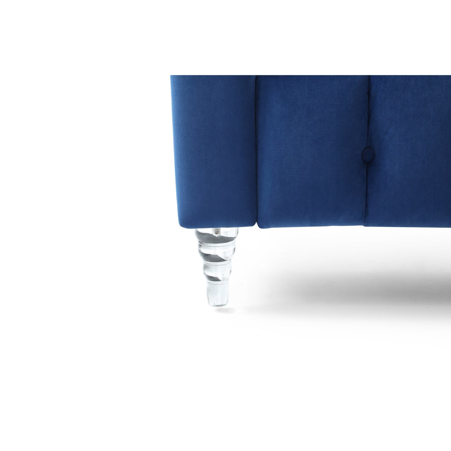 Divano moderno blu 81.88 in velluto a 3 posti con gambe trasparenti e schienale capitonné per soggiorno