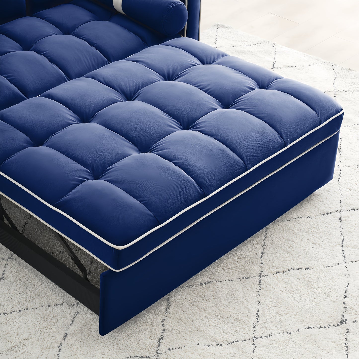 Divano letto convertibile a 2 posti Blue Velvet 55 con letto estraibile, schienale regolabile, tasche laterali e cuscini