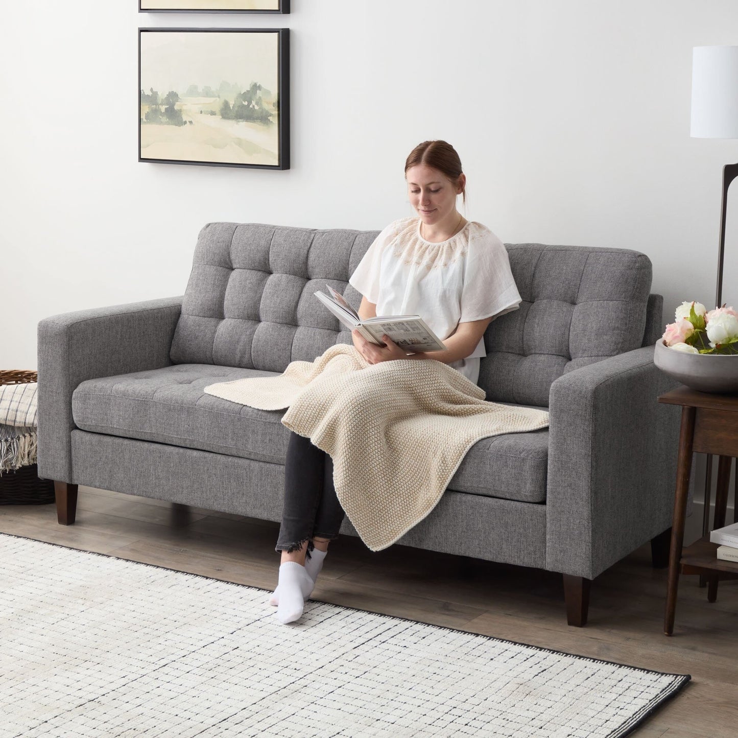 Divano Brookside Brynn da 76 pollici con braccioli quadrati in similpelle/velluto/tessuto