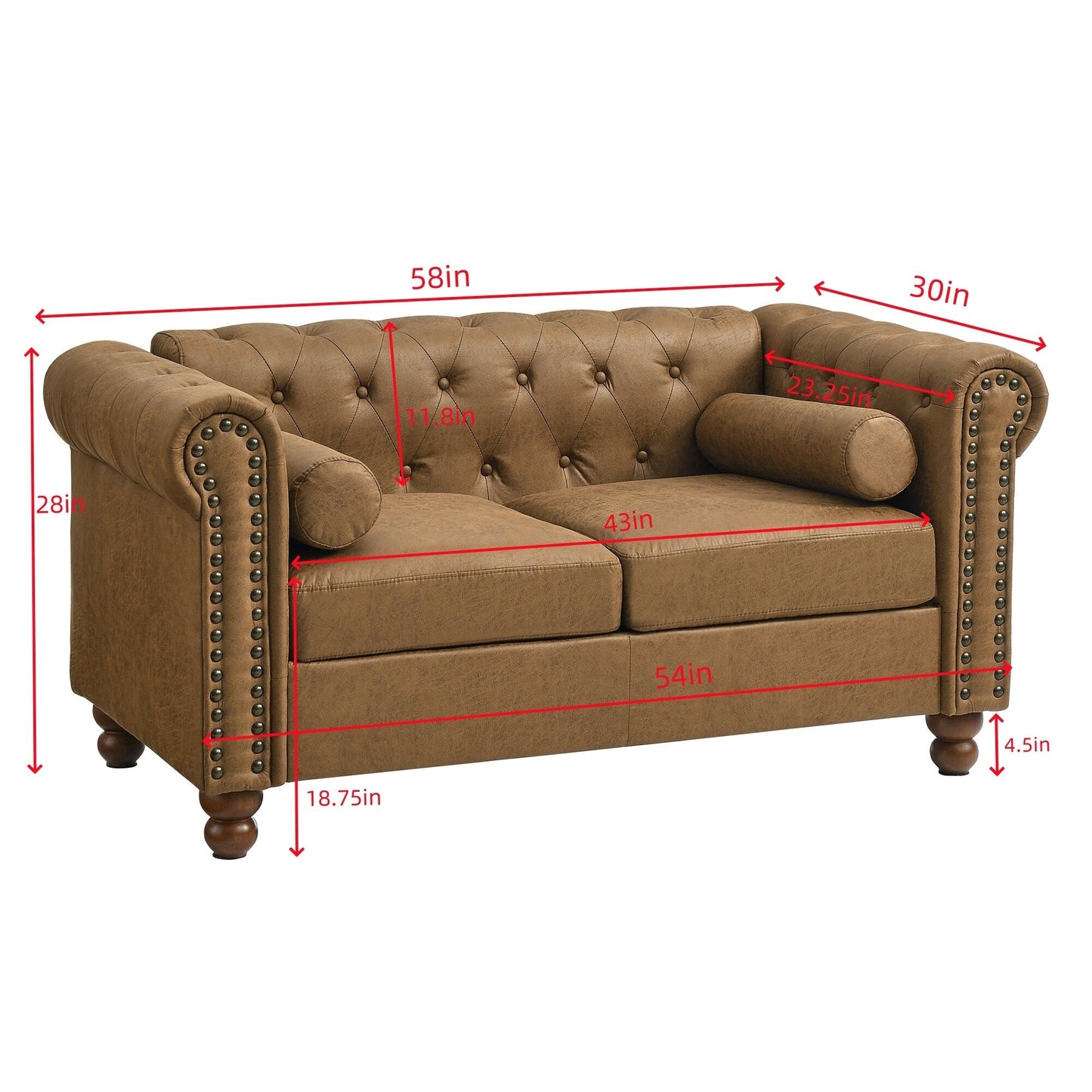 Divano Chesterfield marrone da 55'' in tessuto trapuntato a 2 posti con 2 poggiatesta - Rivestimento in spugna ad alta resilienza