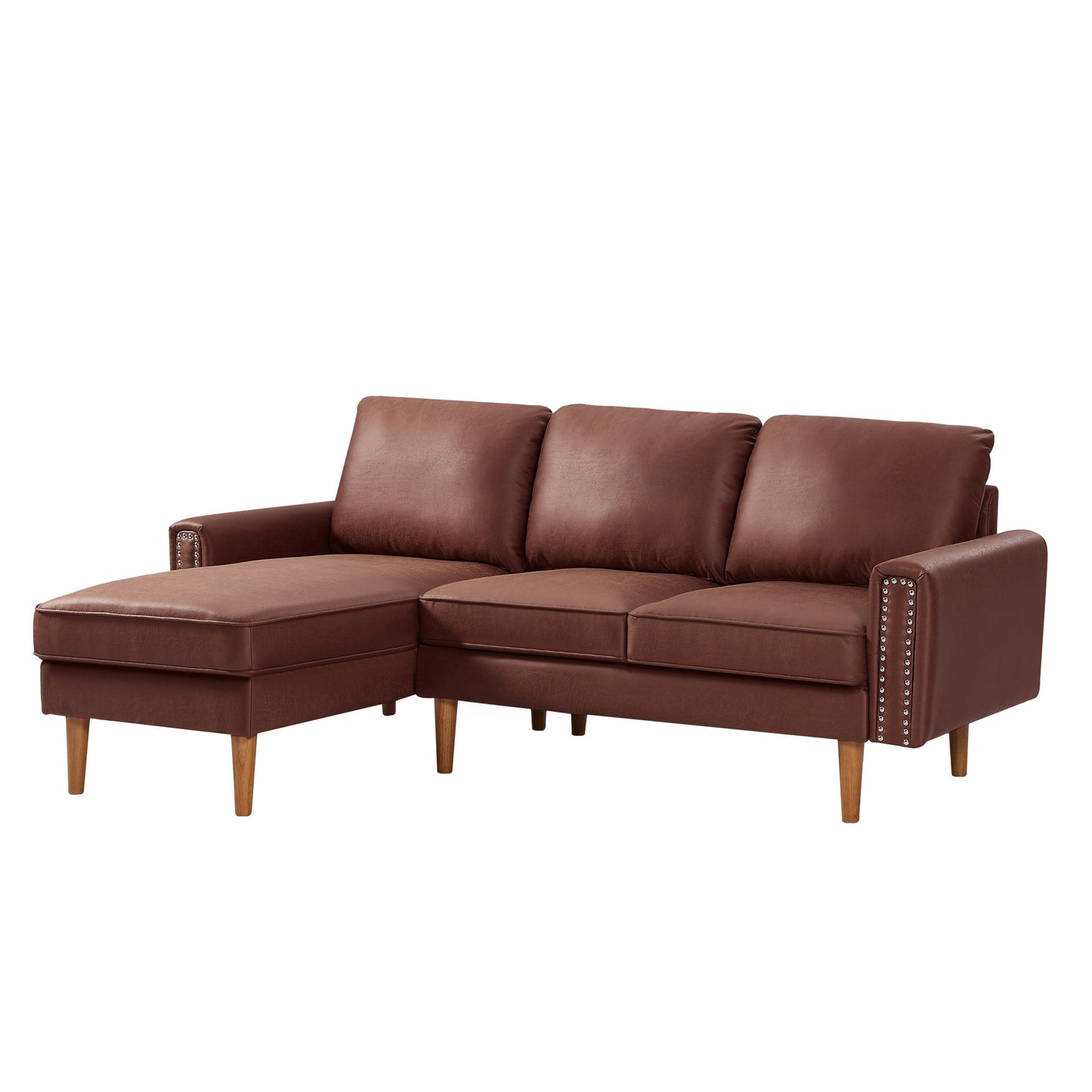 Divano a L in pelle scamosciata marrone da 82,2'': chaise longue sinistra, struttura in legno massello e finiture con borchie in rame