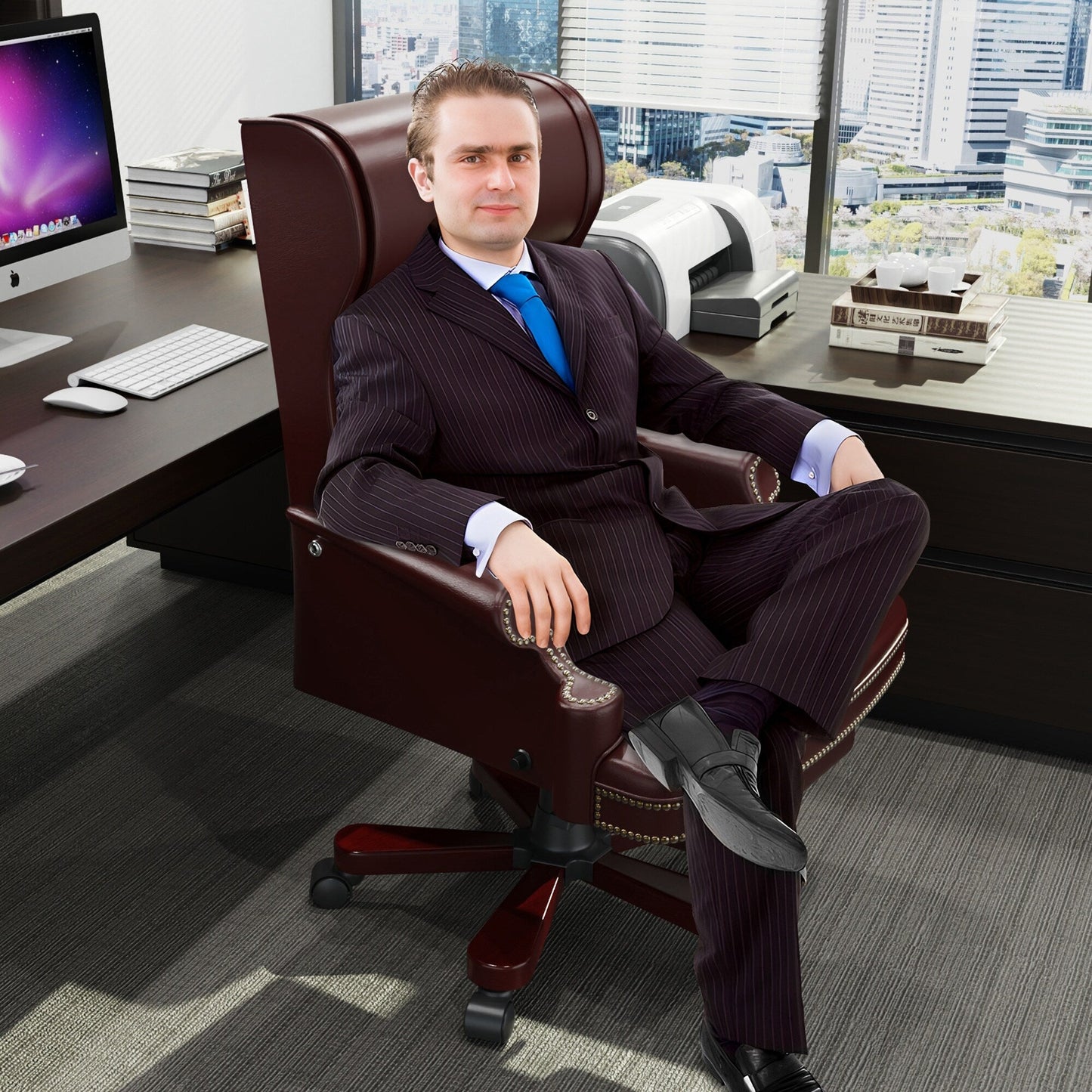 Poltrona girevole ergonomica da ufficio in similpelle color bordeaux con poggiapiedi, schienale con bottoni trapuntati e decorazione con borchie