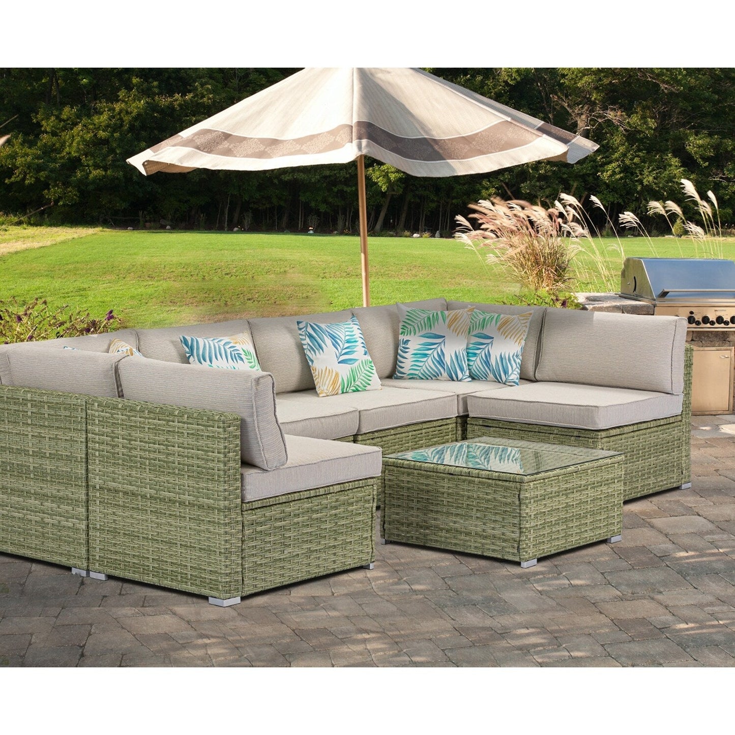 Divano componibile in vimini per patio da esterno COSIEST da 7 pezzi con tavolino da caffè