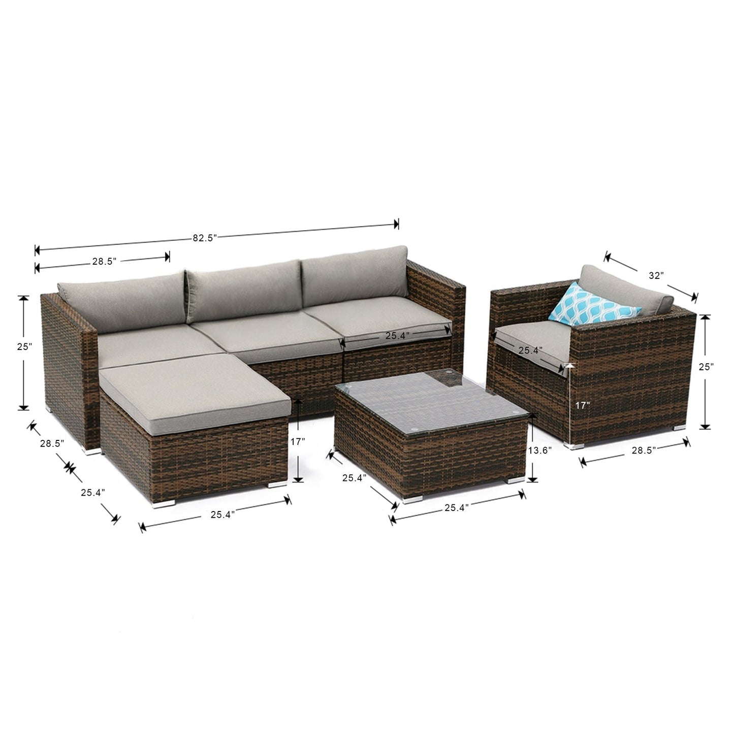 Divano componibile da esterno COSIEST in vimini da 6 pezzi, poltrona con pouf