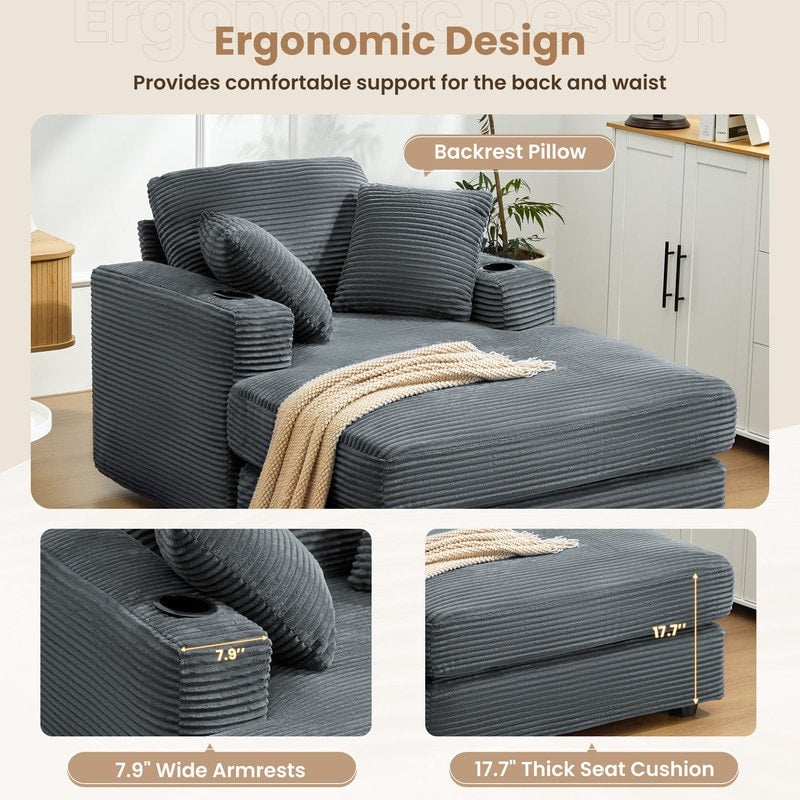 Divano in velluto a coste stile chaise longue con portabicchieri e 3 cuscini per lo schienale - Design reclinabile