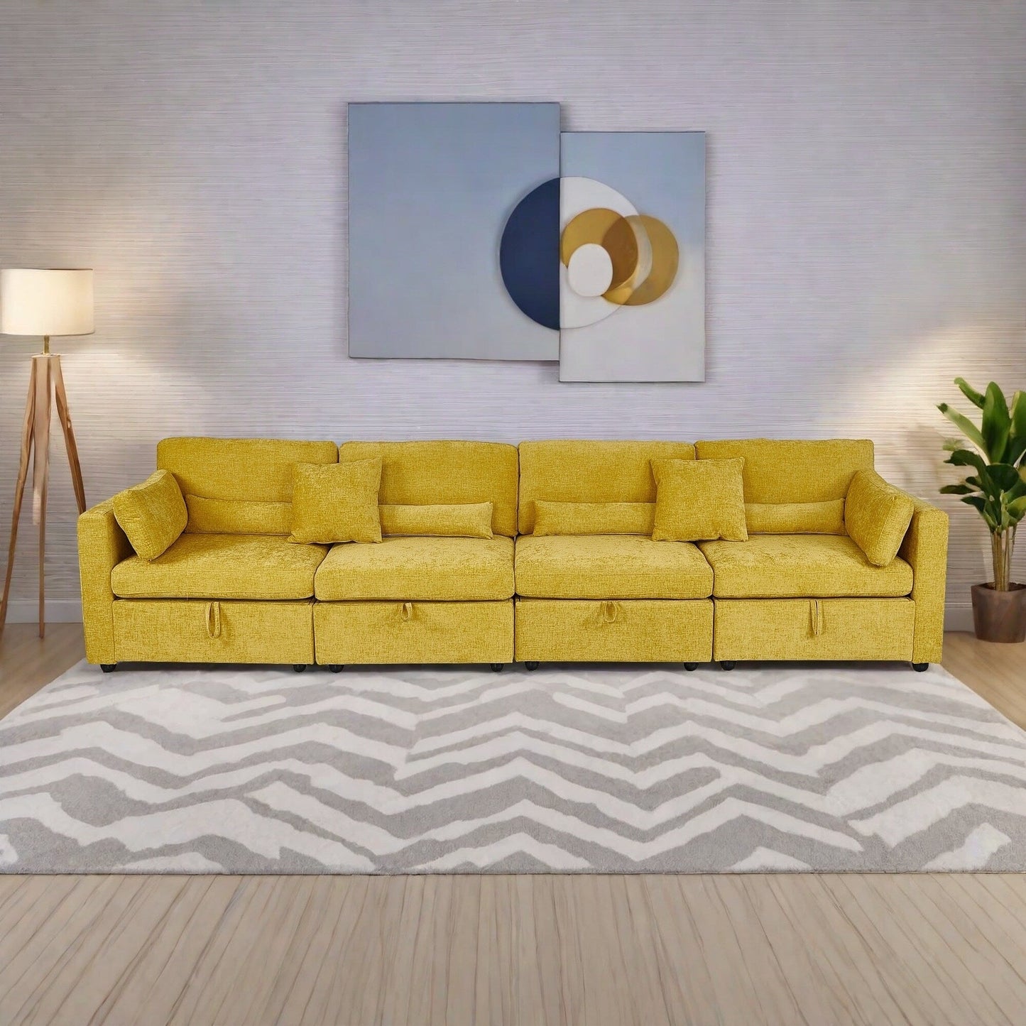 Divano a 4 posti in ciniglia con cuscino contenitore e supporto per piedi in legno massello e piedini in ferramenta antiruggine