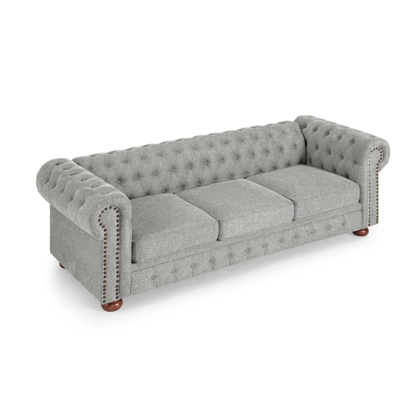 Divano Chesterfield imbottito in PU, 3 posti, con braccioli a volute e decorazione a borchie