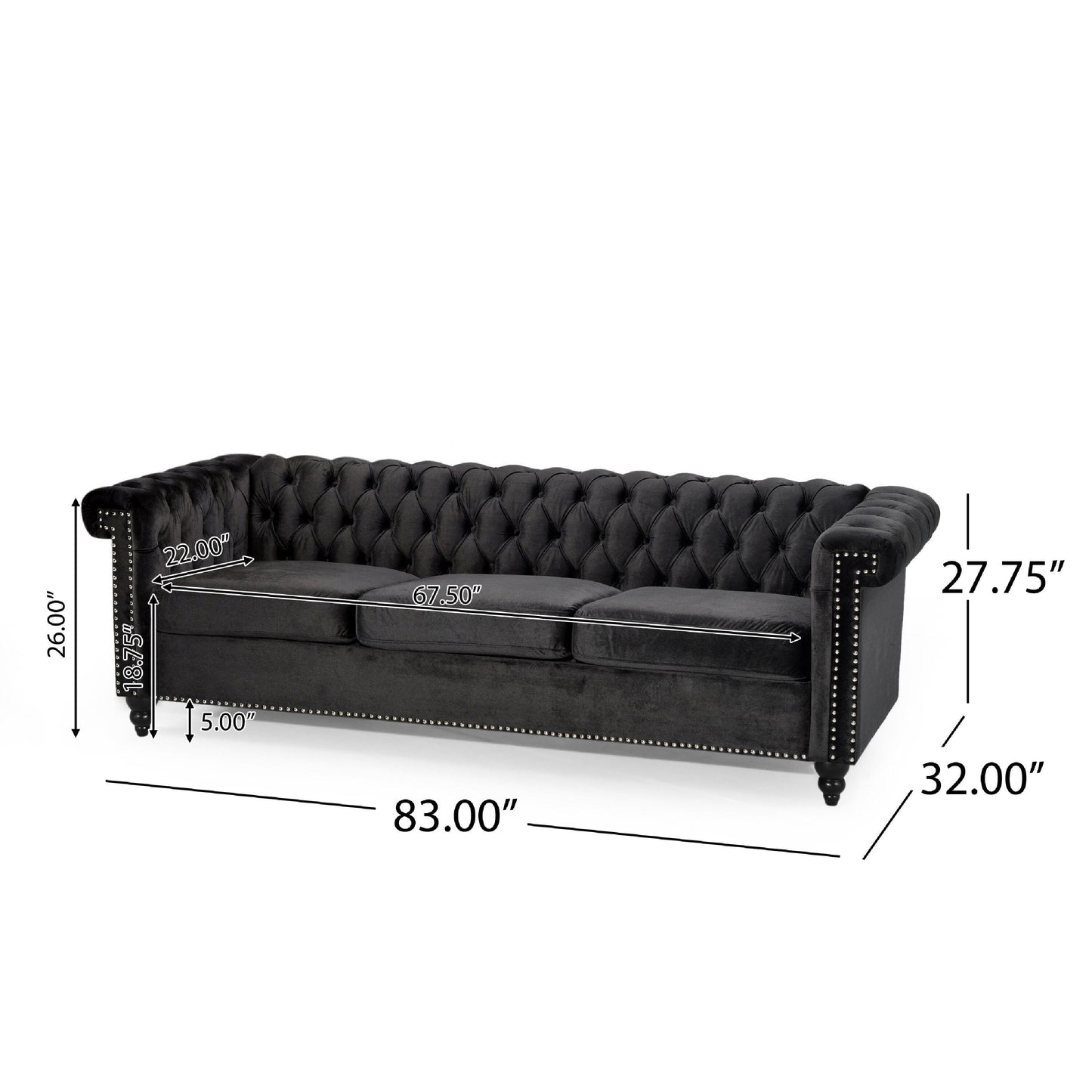 Divano Chesterfield a 3 posti Chis, in velluto nero trapuntato, 83 pollici