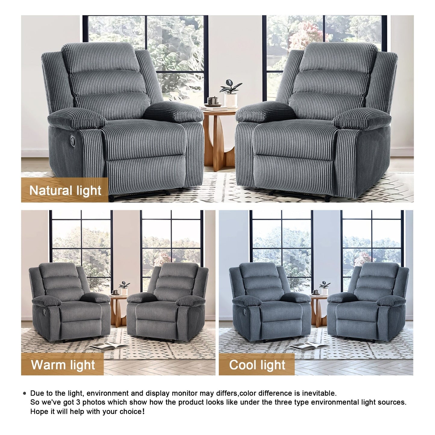 Poltrona reclinabile manuale classica con schienale a spinta e rivestimento in velluto a coste (set da 2)