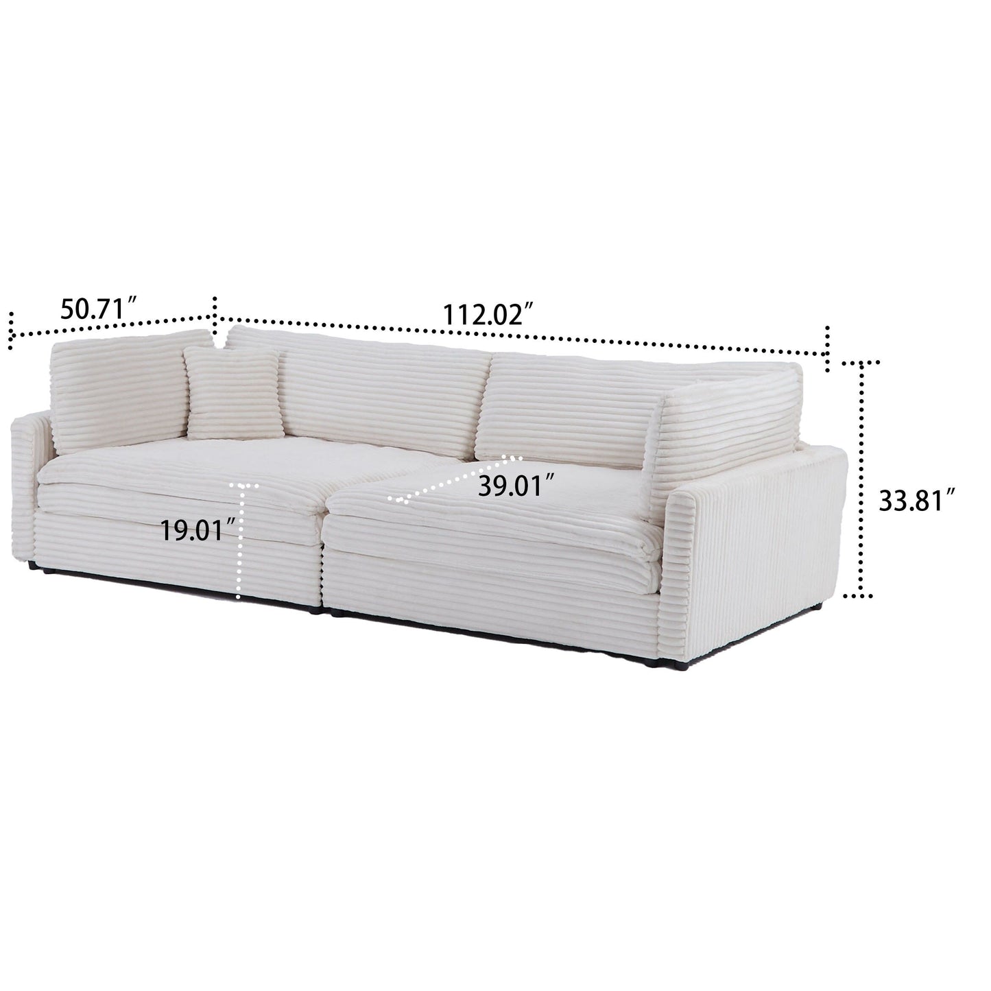 Divano classico ed elegante a tre posti rivestito in velluto a coste con due cuscini decorativi