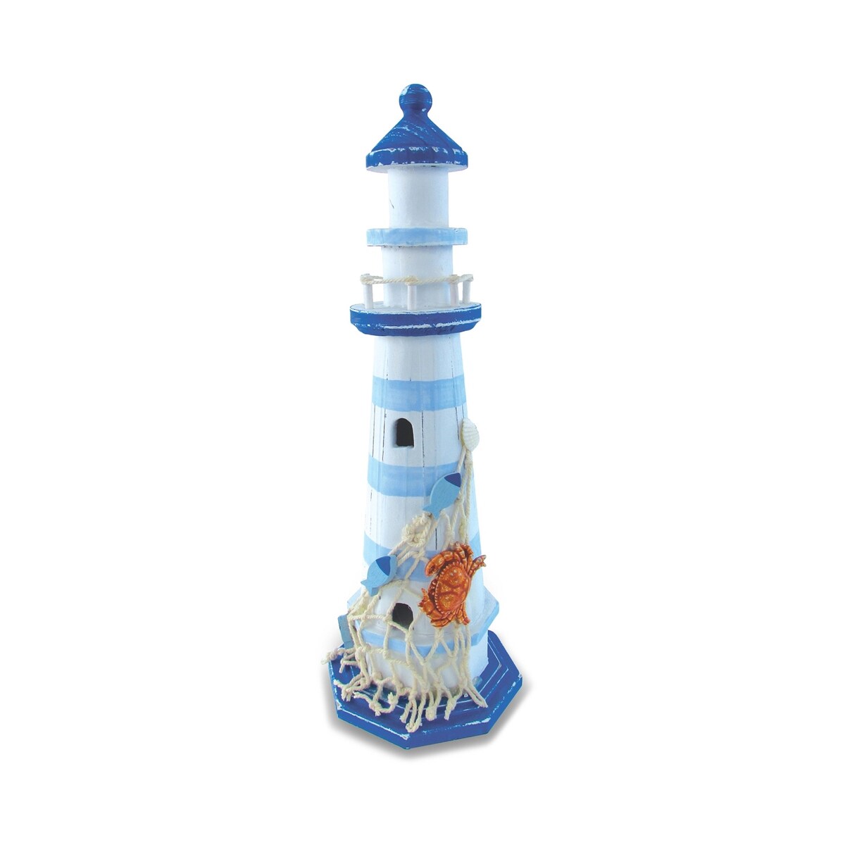 Faro a strisce blu chiaro CoTa Global con decorazioni a forma di granchio e rete da pesca - 4 x 4 x 12,25 pollici