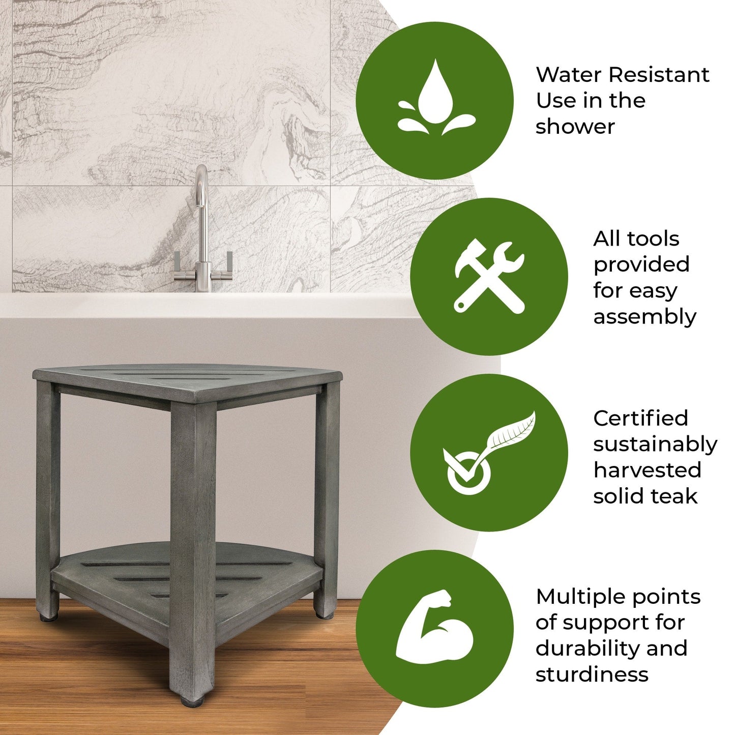 CoastalVogue, Mensola angolare per doccia in teak, Sgabello per doccia per radersi le gambe, Sgabello per piedi per doccia, Sgabello per doccia in teak, Sgabello angolare per doccia