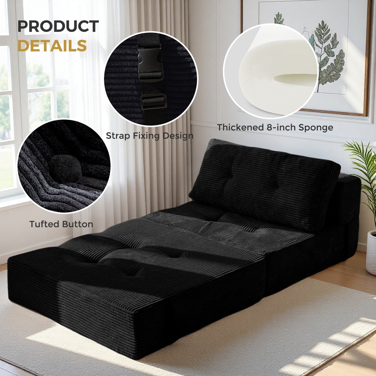 Divano letto pieghevole in velluto a coste, materasso da pavimento da 6 pollici