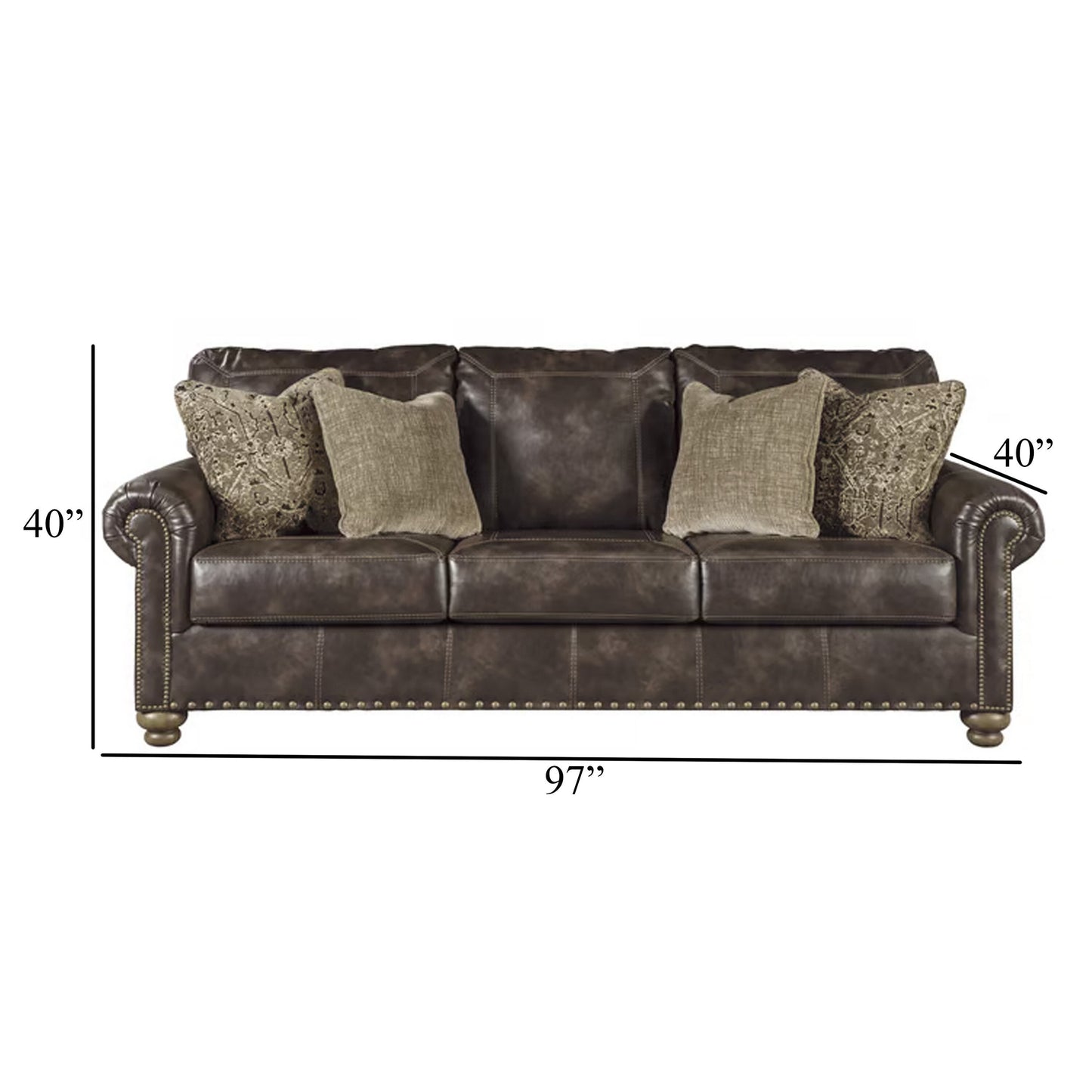 Divano Corvo, similpelle marrone caffè, 4 cuscini decorativi, 97 pollici