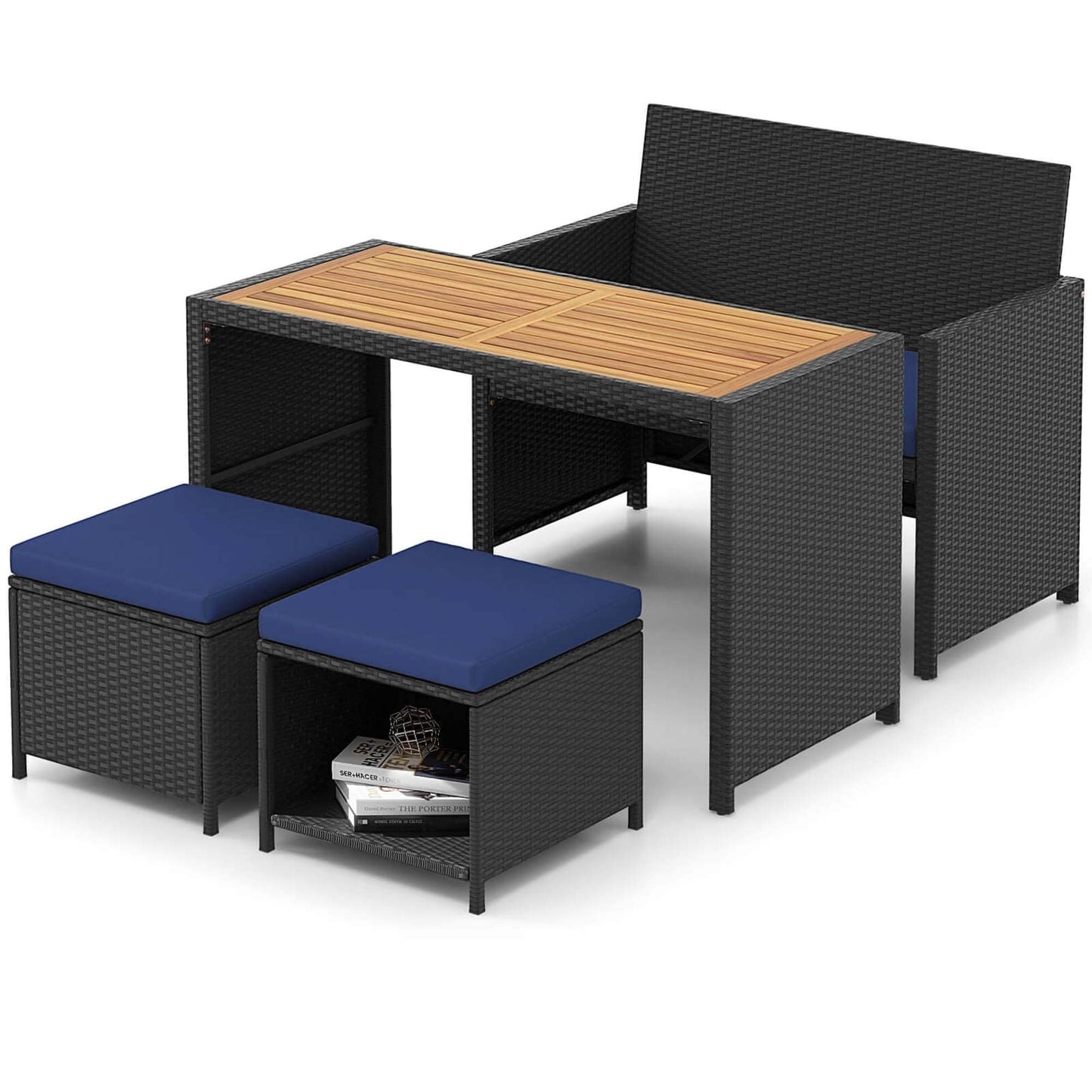 Set da pranzo per esterni Costway 4 pezzi, poltrona in rattan e 2 pouf - Vedi dettagli