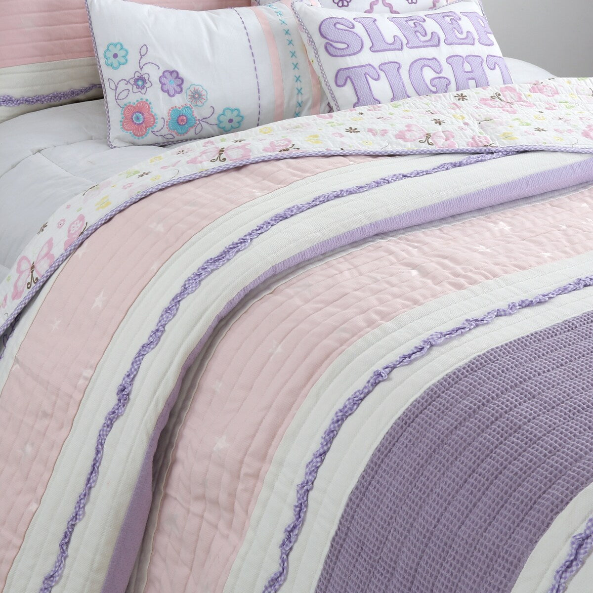 Cozy Line Home Fashions - Set di biancheria da letto trapuntato in cotone rosa e viola con motivo floreale a strisce, stella e farfalla