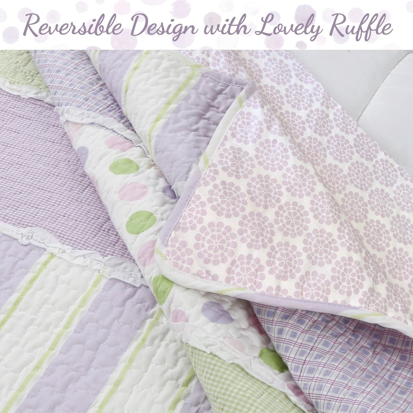 Set di biancheria da letto reversibile in cotone patchwork con volant bianco e pois a righe verdi e lilla Cozy Line