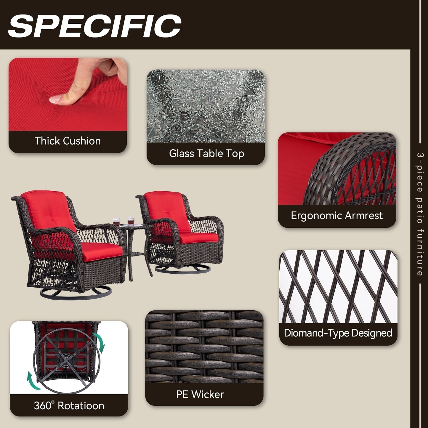 Set di 3 sedie a dondolo girevoli in vimini marrone per esterni