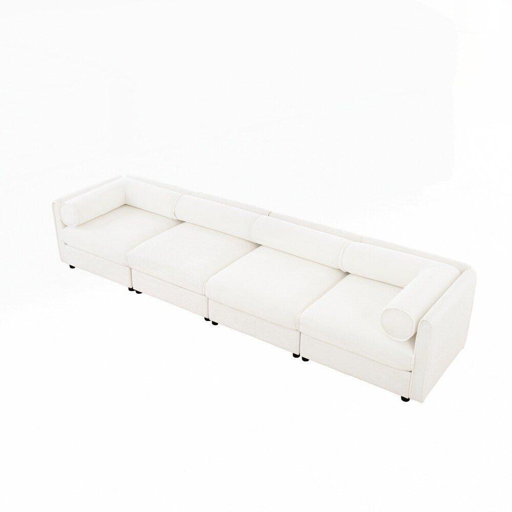 Divano in ciniglia con schienale e braccioli cilindrici e seduta contenitore