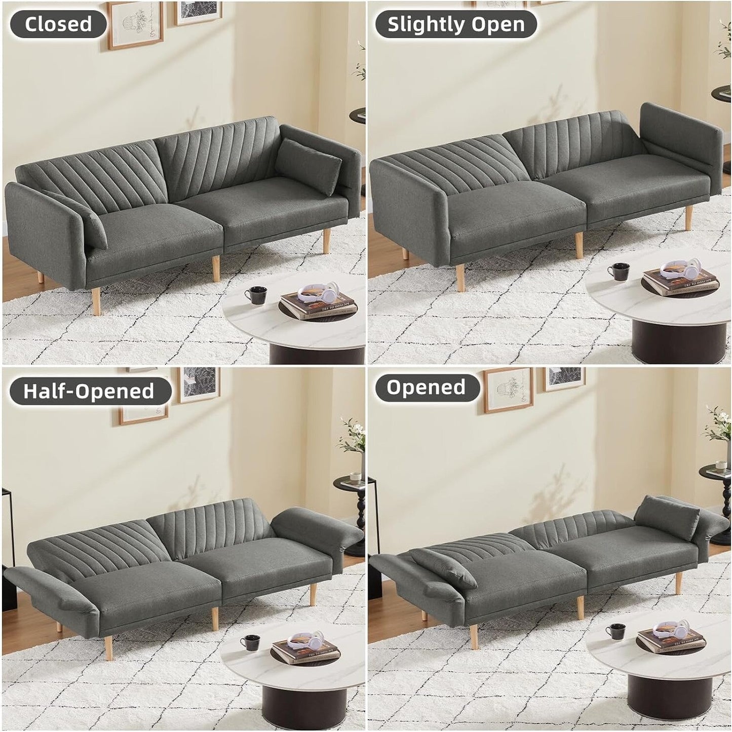 Divano letto futon grigio scuro con cuscini