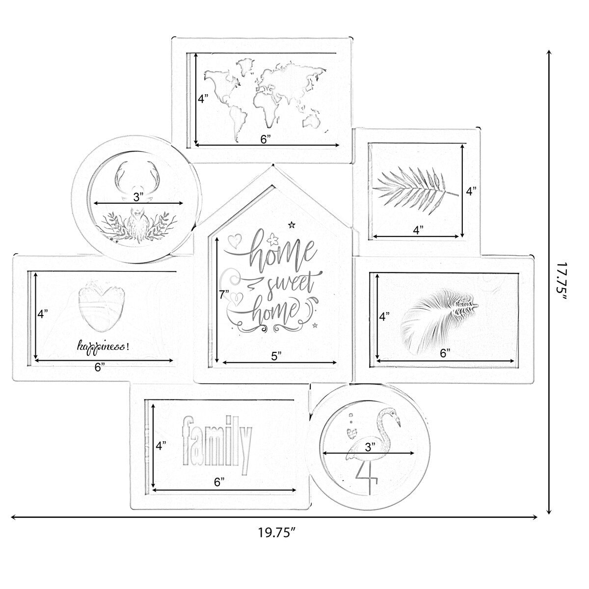 Cornice portafoto moderna decorativa da parete per collage di 8 foto di diverse dimensioni, bianca
