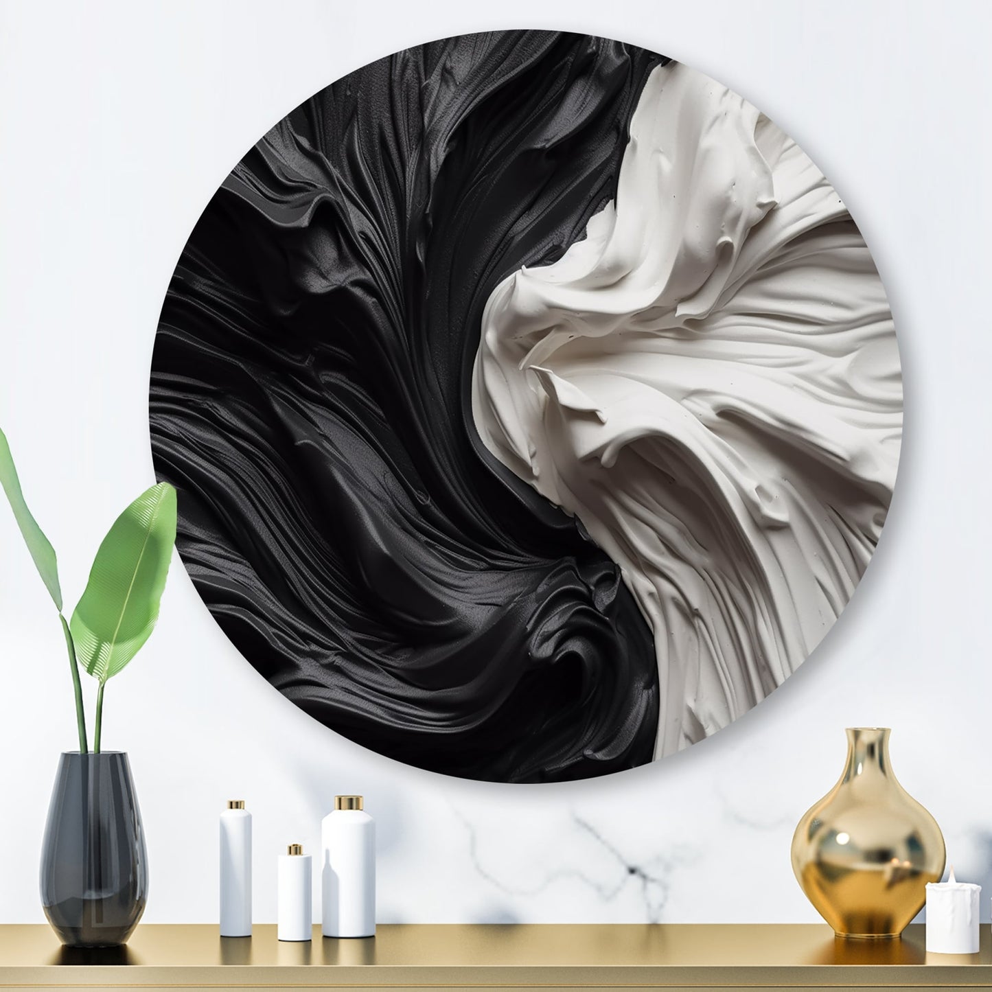 Designart Nero Bianco Marmo Dreamscape V Modern Geometric Metal Round Wall Art