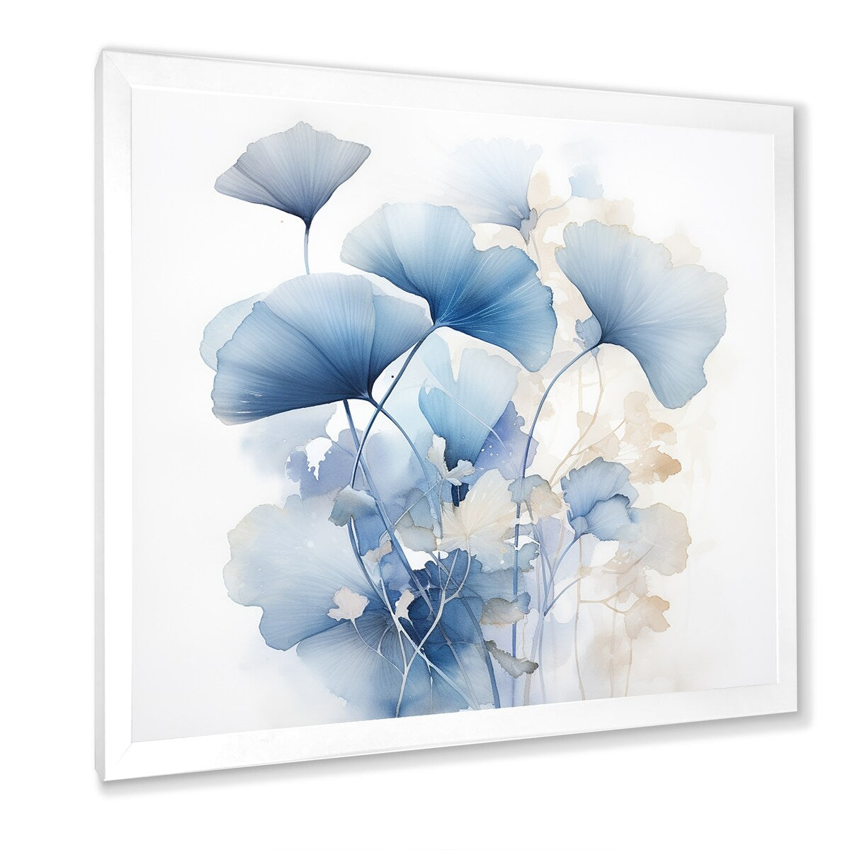 Designart Delicate foglie di ginkgo blu su foglie bianche ad acquerello, arte murale incorniciata per soggiorno