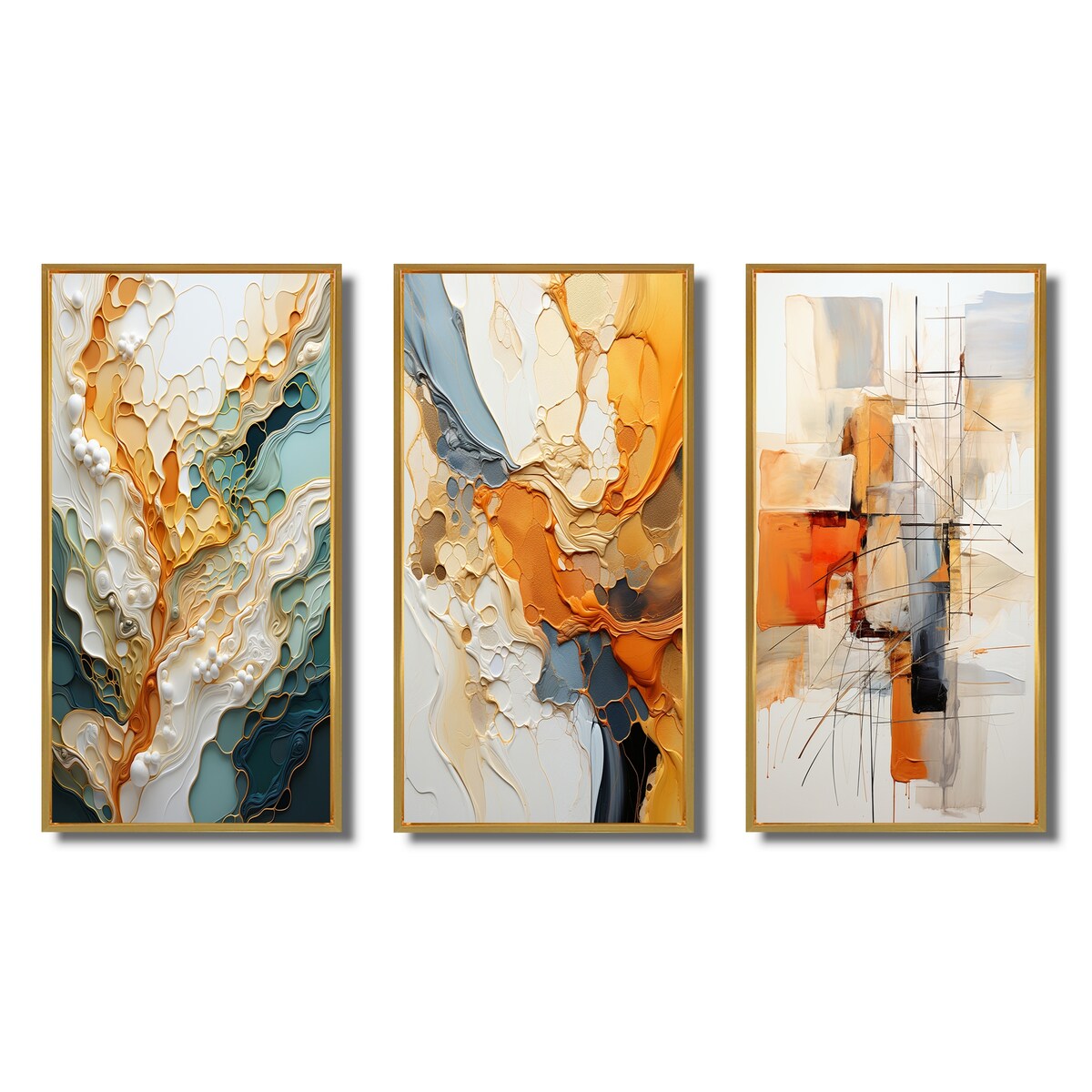 Designart Orange White Line Art Organic Abstraction Abstract Wall Art Set di 3 pezzi per l'arredamento del soggiorno