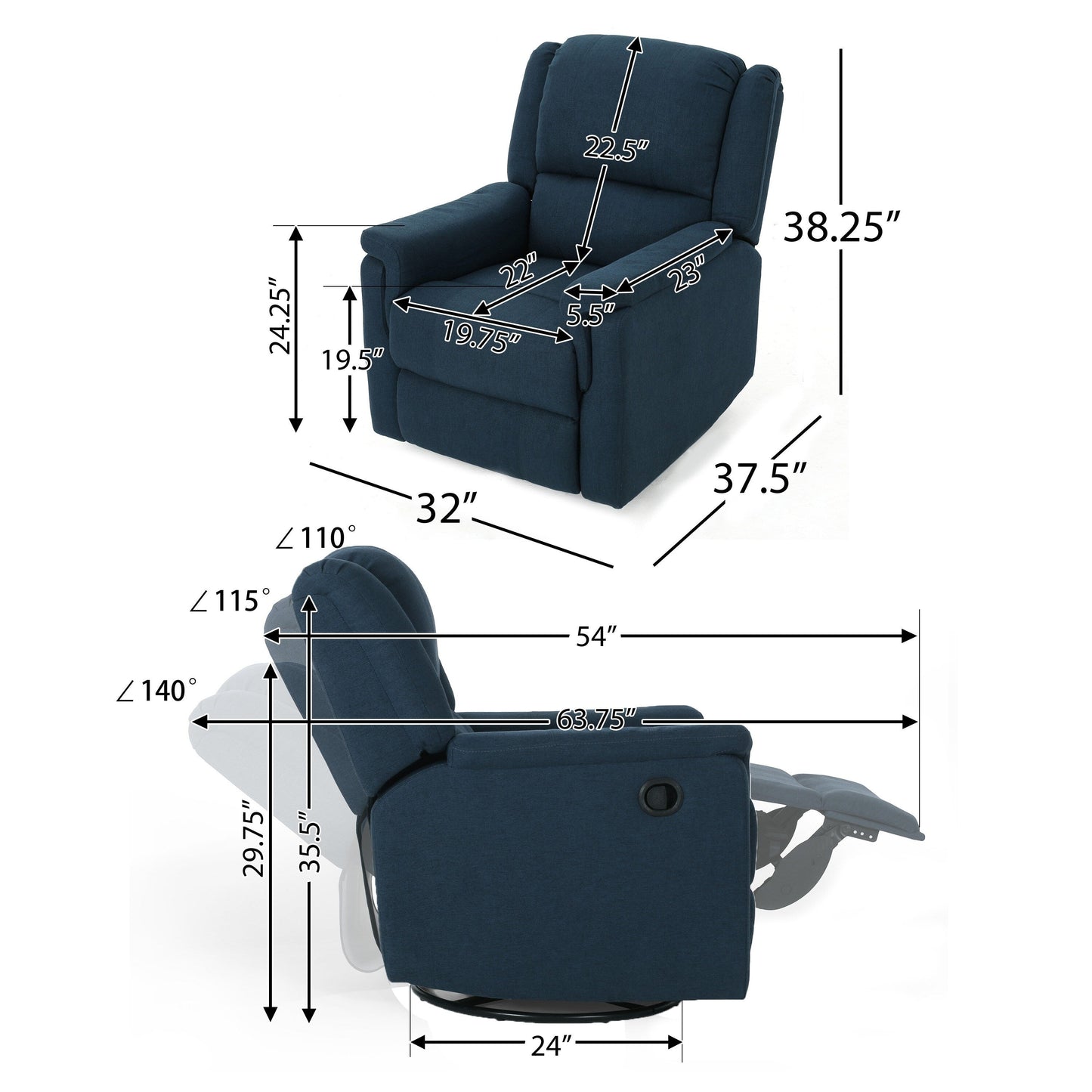 Poltrona reclinabile girevole Doi Manual Glider, tessuto blu navy
