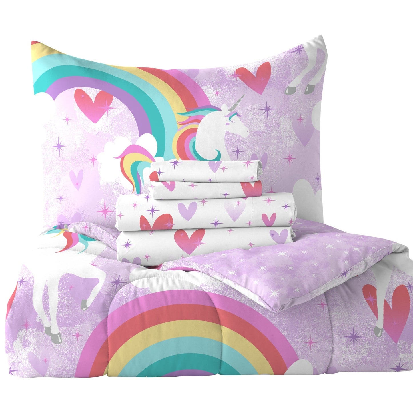 Dream Factory Unicorn Rainbow - Set letto in microfibra da 7 pezzi con lenzuola