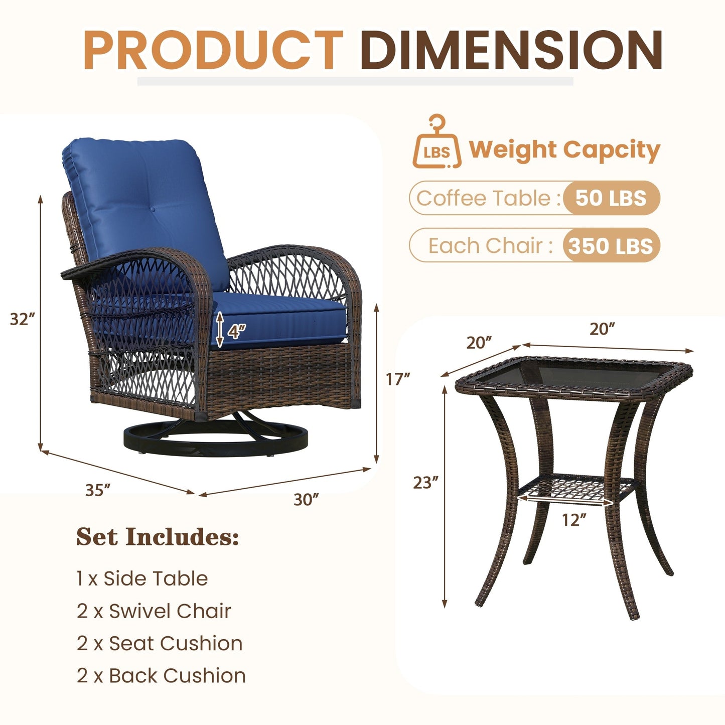 Set da bistrot con sedia a dondolo girevole per esterni - Set da patio in vimini da 3 pezzi con sedie a dondolo girevoli, cuscini e tavolino laterale in vetro temperato