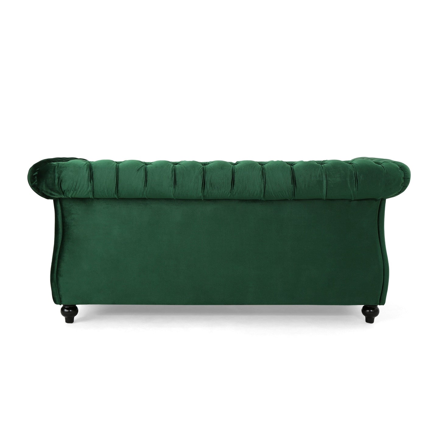 Divano a due posti imbottito con bottoni Chesterfield Emerald 61.75, borchie e gambe in legno per soggiorno