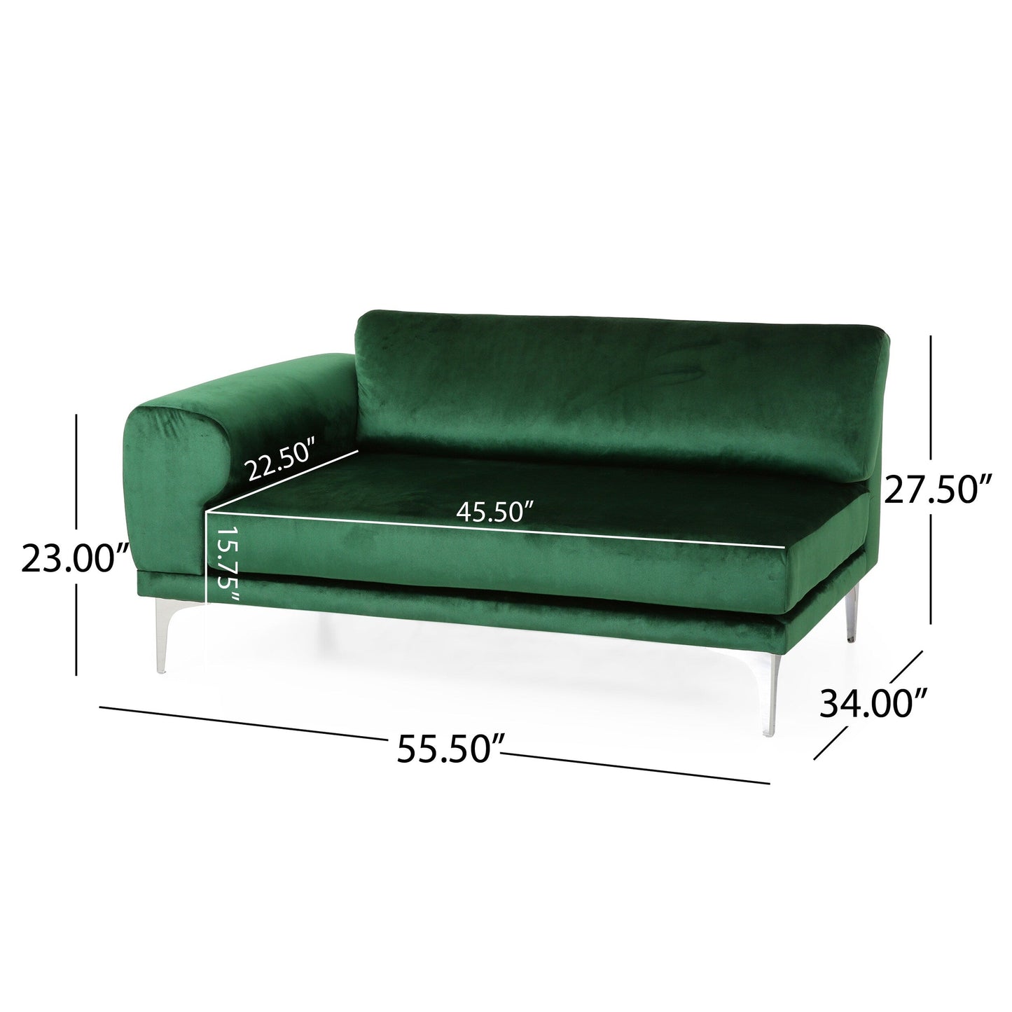 Divano Emerald Modern 111 in velluto a 4 posti con gambe in metallo e robusta struttura in legno per soggiorno