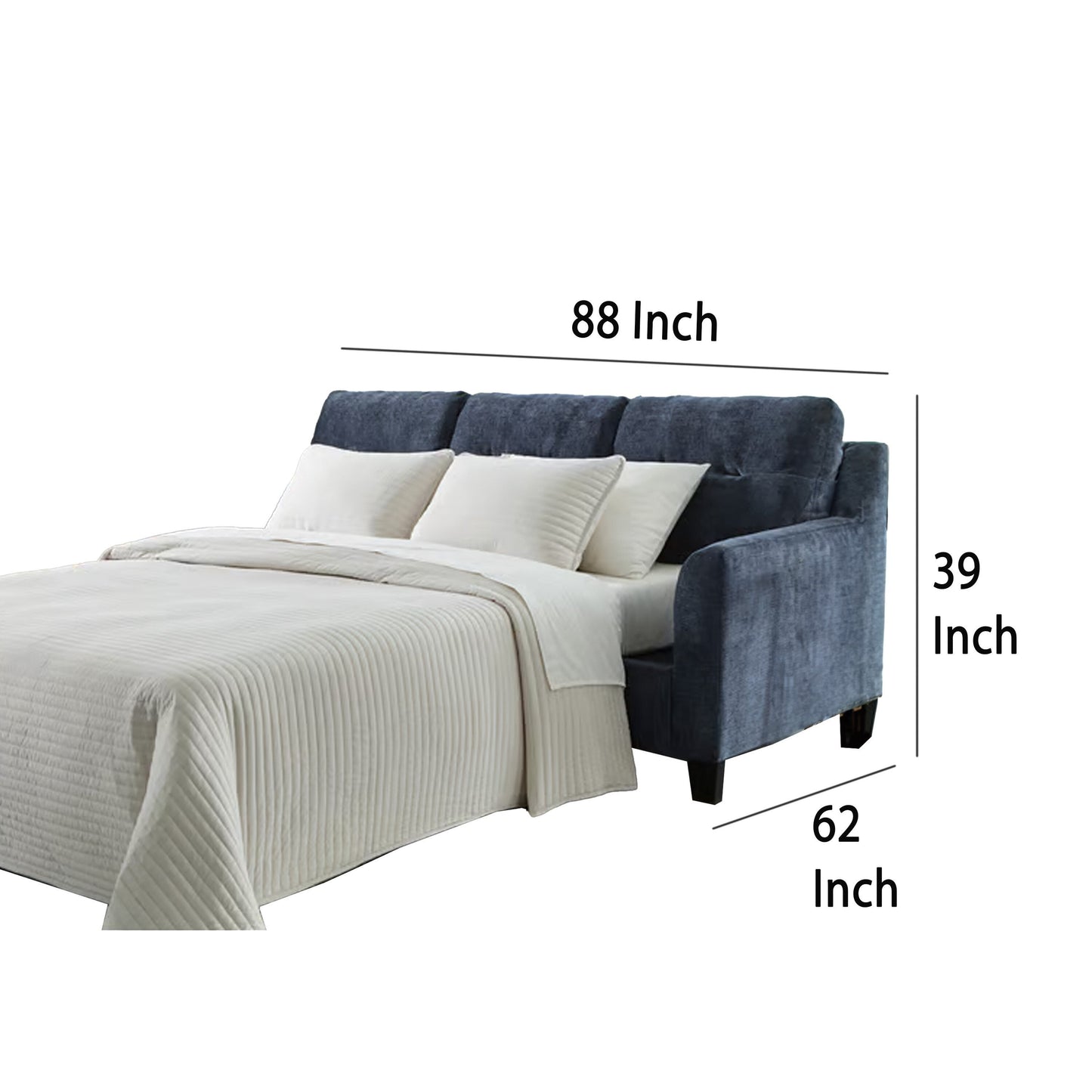 Divano letto Emilia Queen con chaise longue, 3 cuscini decorativi, poliestere blu inchiostro