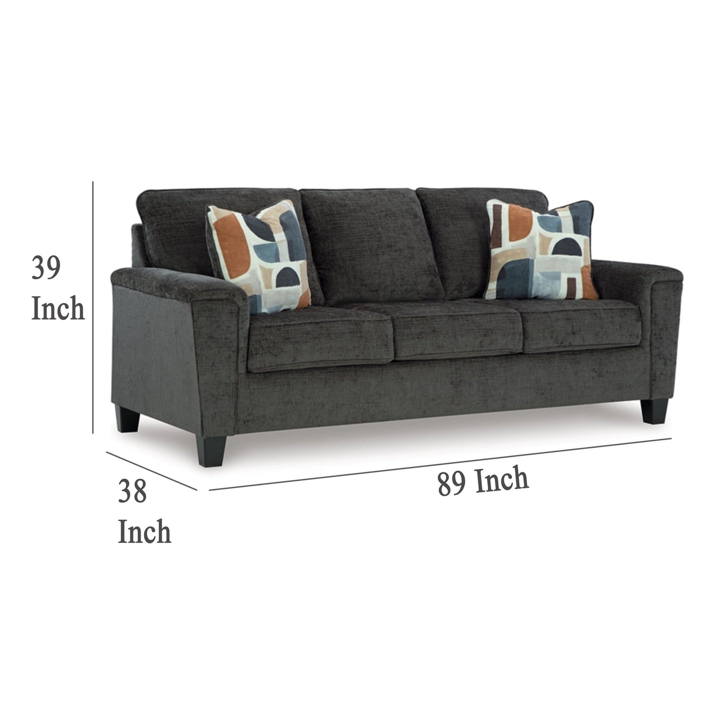 Divano Erin, 2 cuscini decorativi, 89 pollici in morbido poliestere grigio scuro