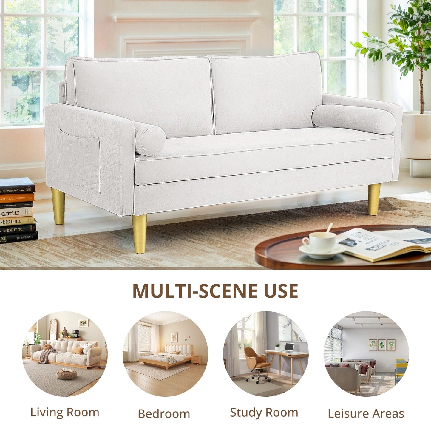 Divano a due posti in poliestere arancione da 65 pollici con tasche laterali e cuscini rotondi - 65 pollici