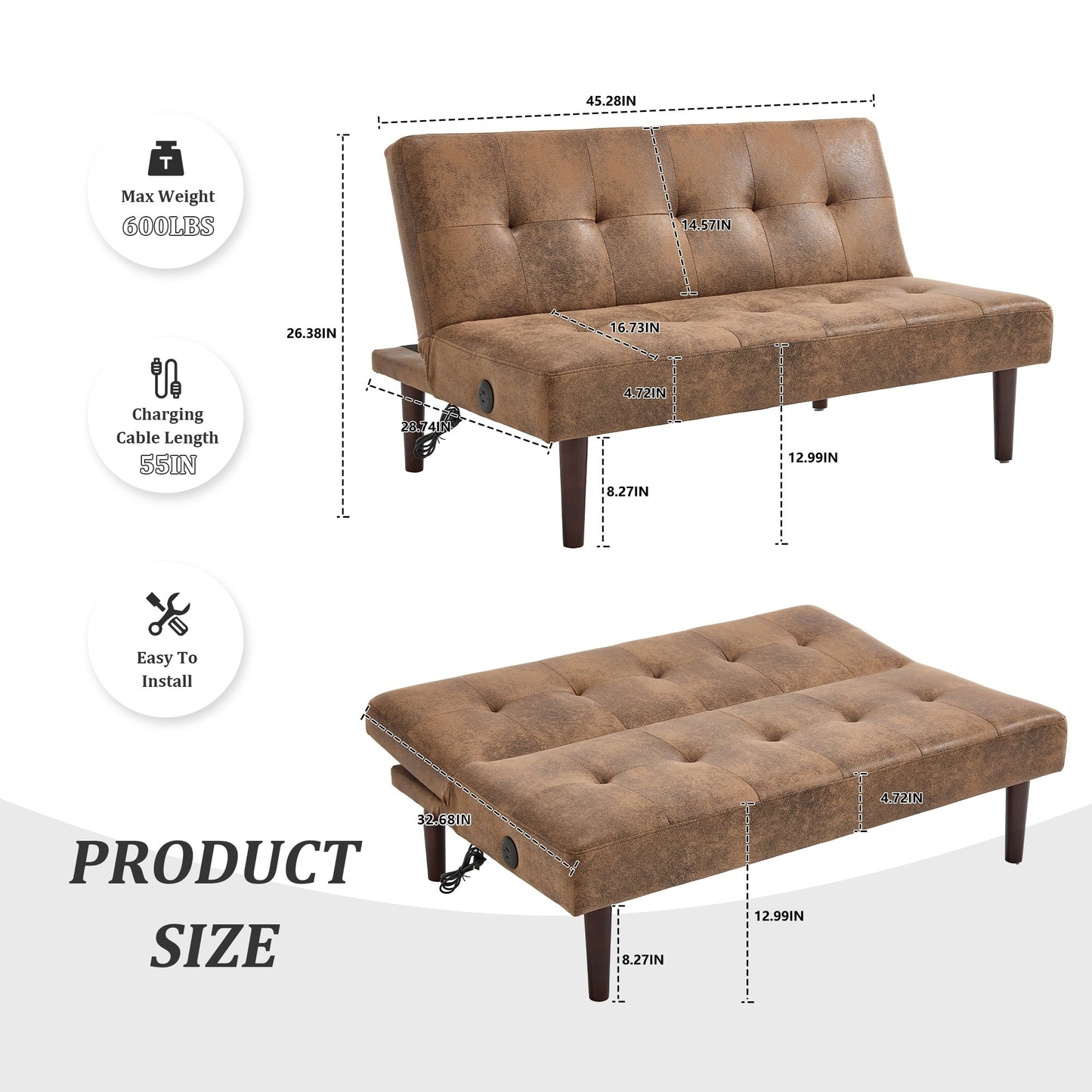 Divano letto pieghevole alla moda, schienale in tessuto di flanella di alta qualità, divano reclinabile futon regolabile, divano moderno alla moda con porta di ricarica