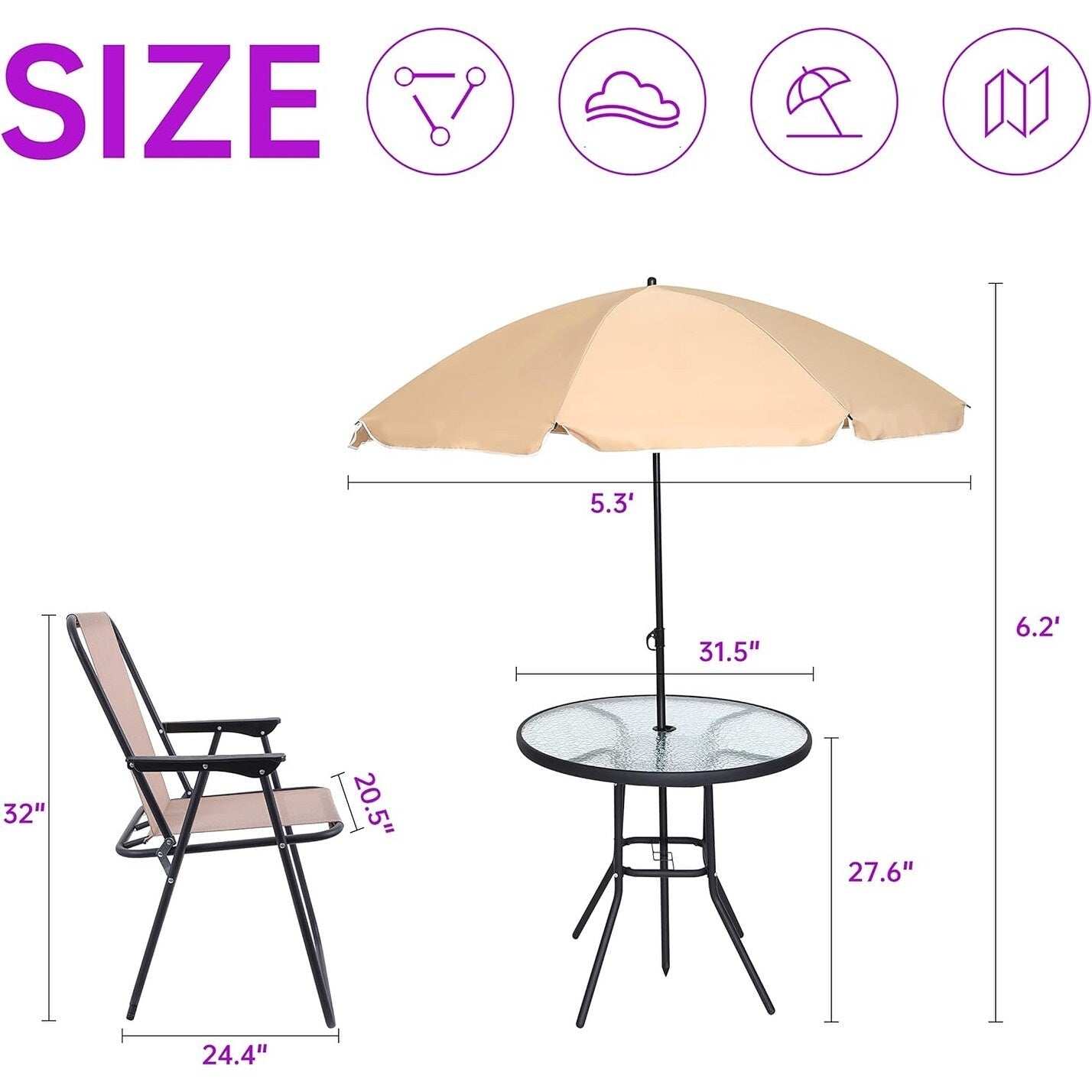 Set da pranzo pieghevole per patio, set da pranzo per esterni da 6 pezzi con ombrellone inclinato, 4 sedie pieghevoli beige, 1 tavolo rotondo in vetro temperato