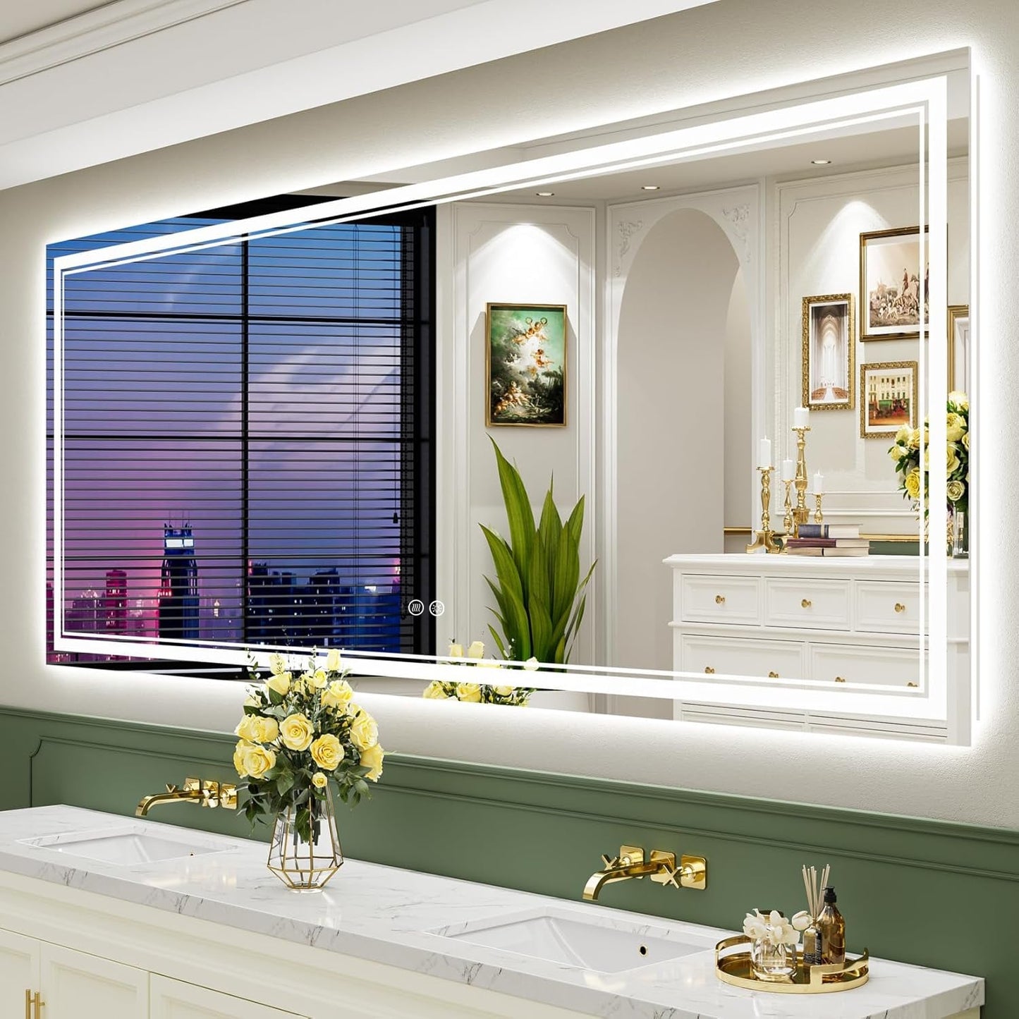 Specchio da bagno a parete in vetro temperato antiappannamento con illuminazione a LED anteriore e posteriore di dimensioni standard