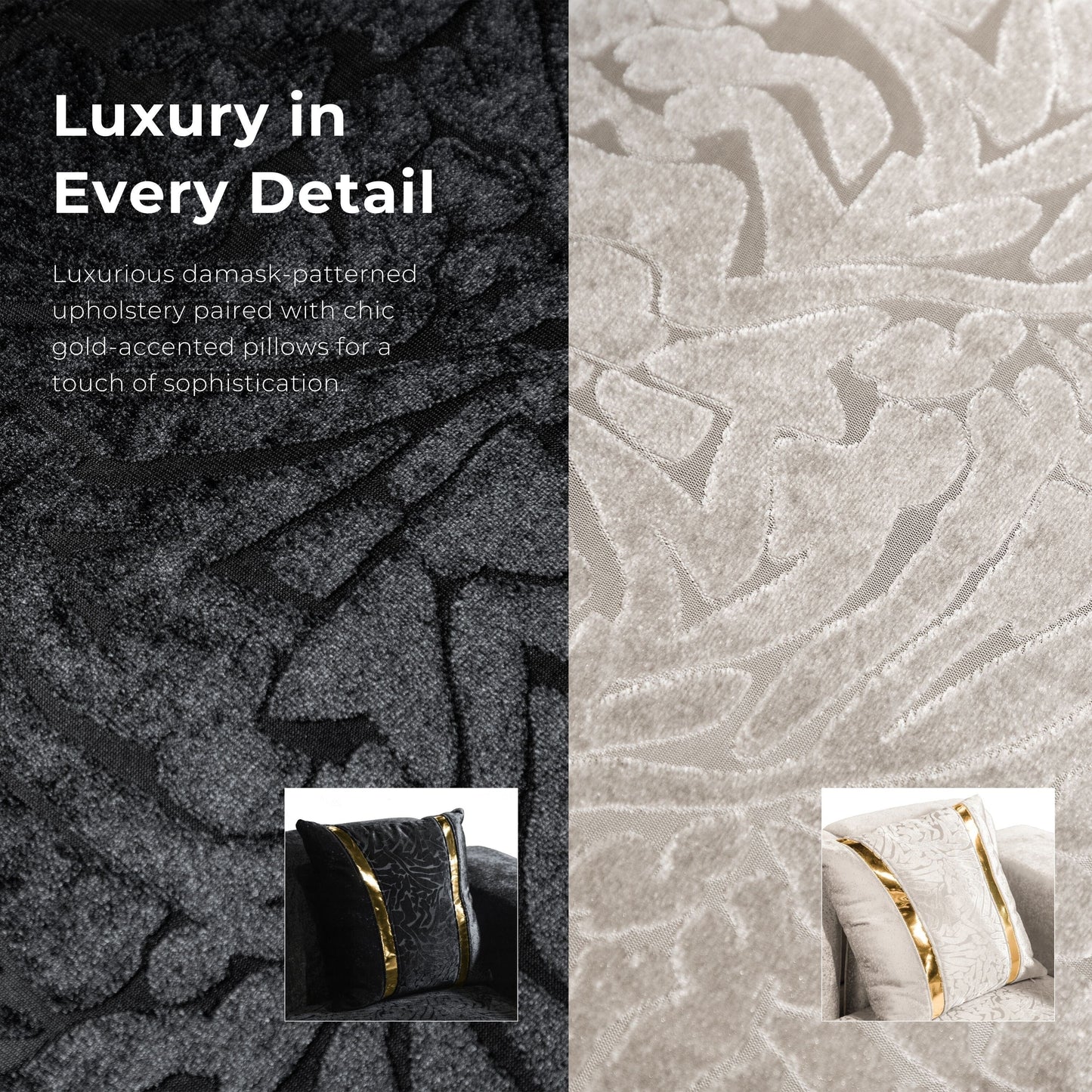 Divano in legno massello Maxine Glam di Furniture of America con cuscini decorativi