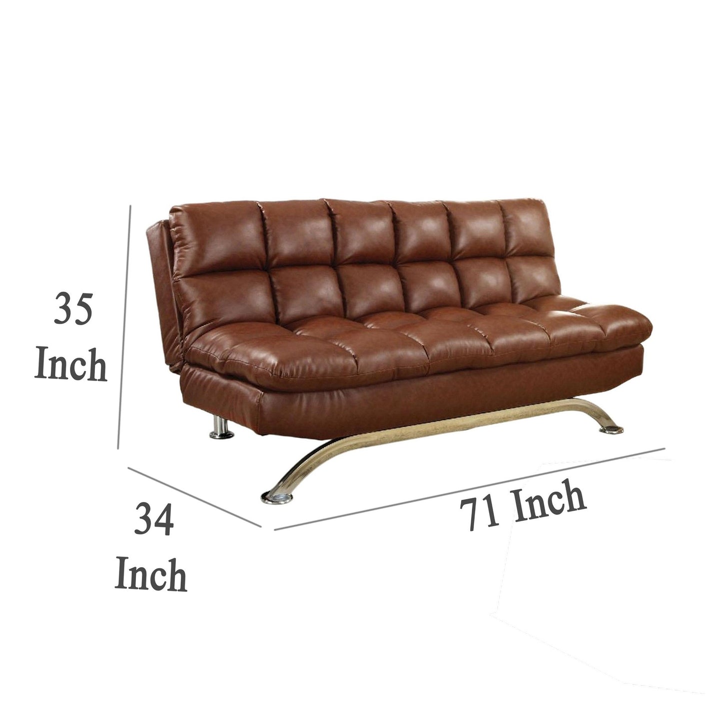 Divano futon, rivestimento in similpelle marrone con lavorazione capitonné, gambe cromate