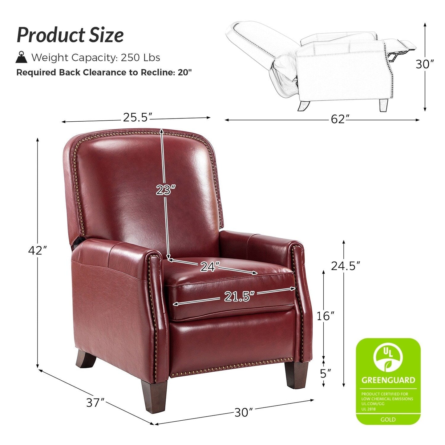 Poltrona reclinabile Gladis Modern Retro in vera pelle con finiture a borchie di HULALA HOME