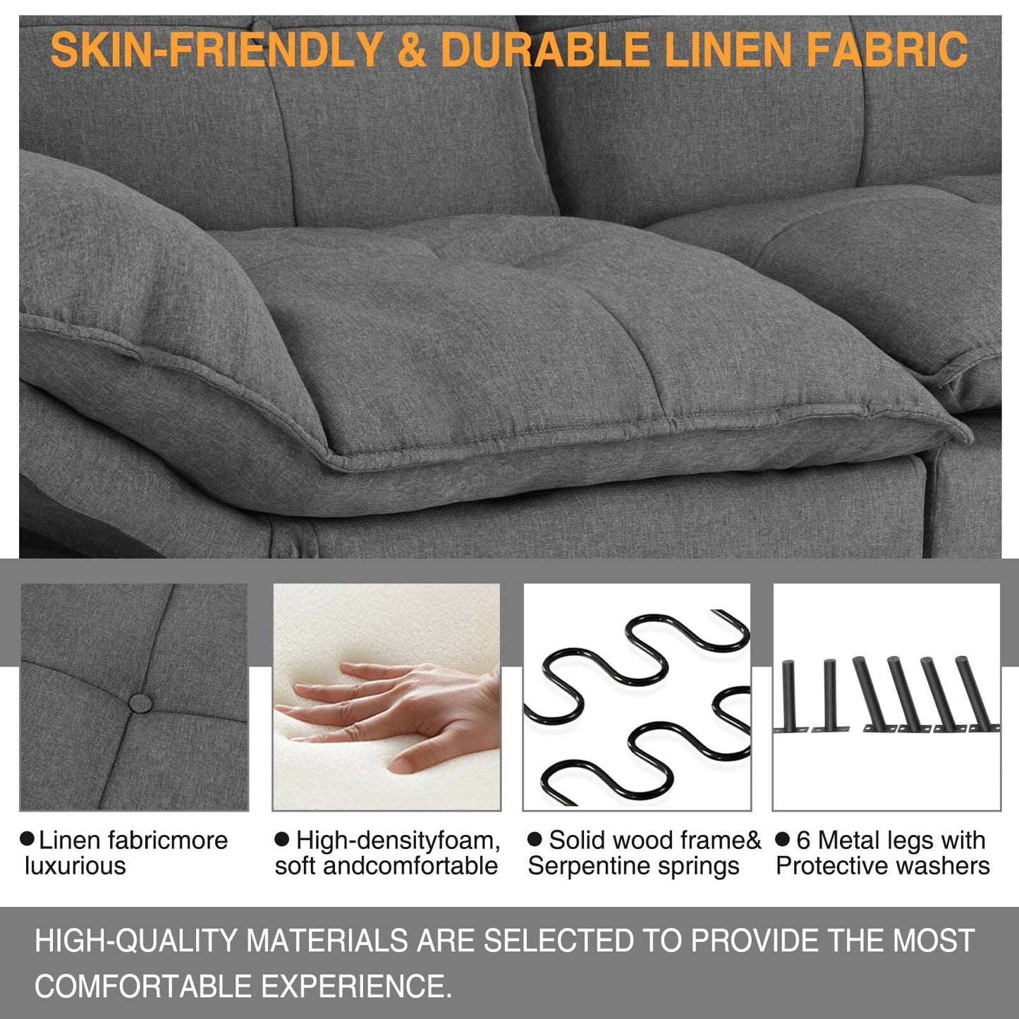 Divano letto pieghevole in lino grigio con gambe in metallo